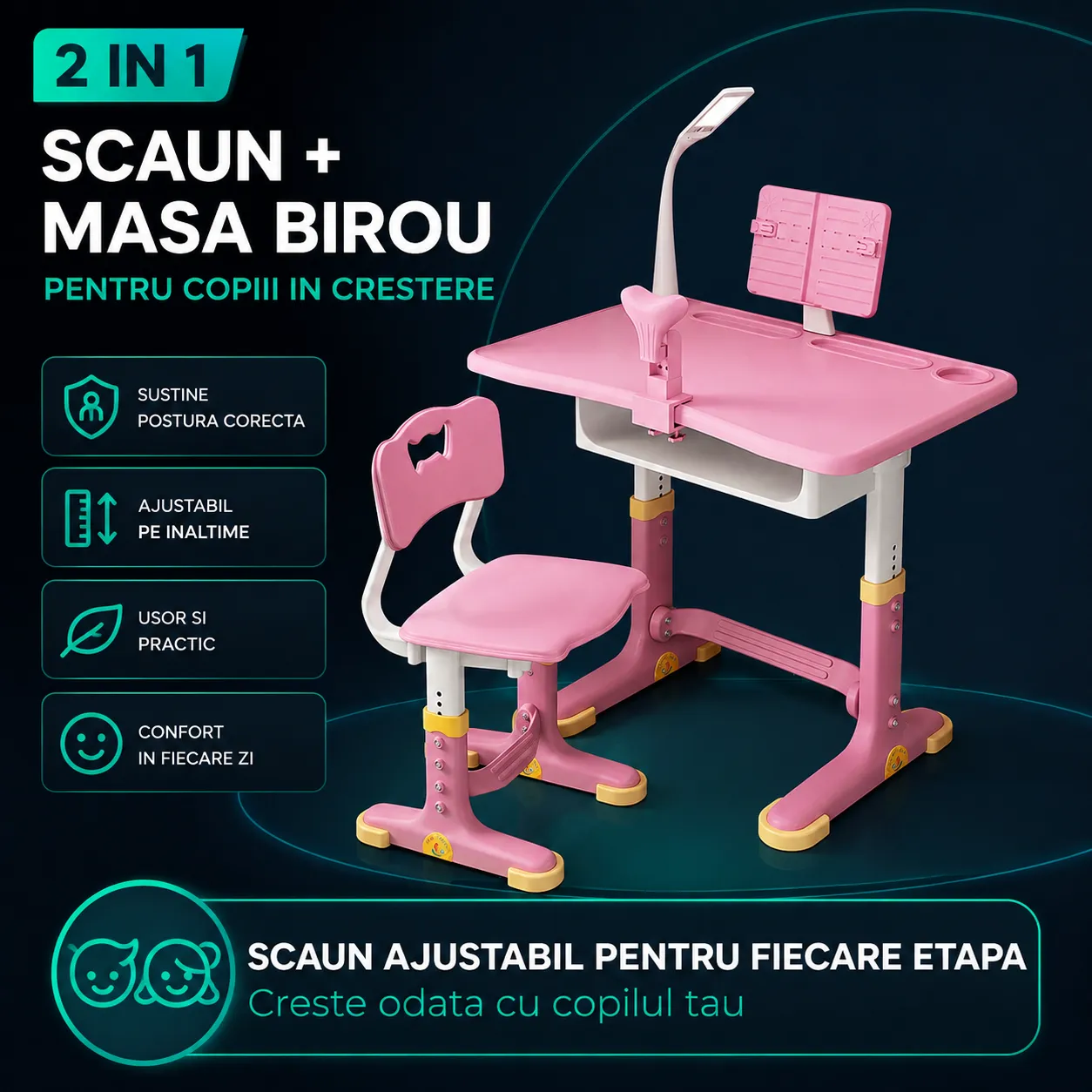 Timebox 6-18 ani birou copii roz 70x45 cm
