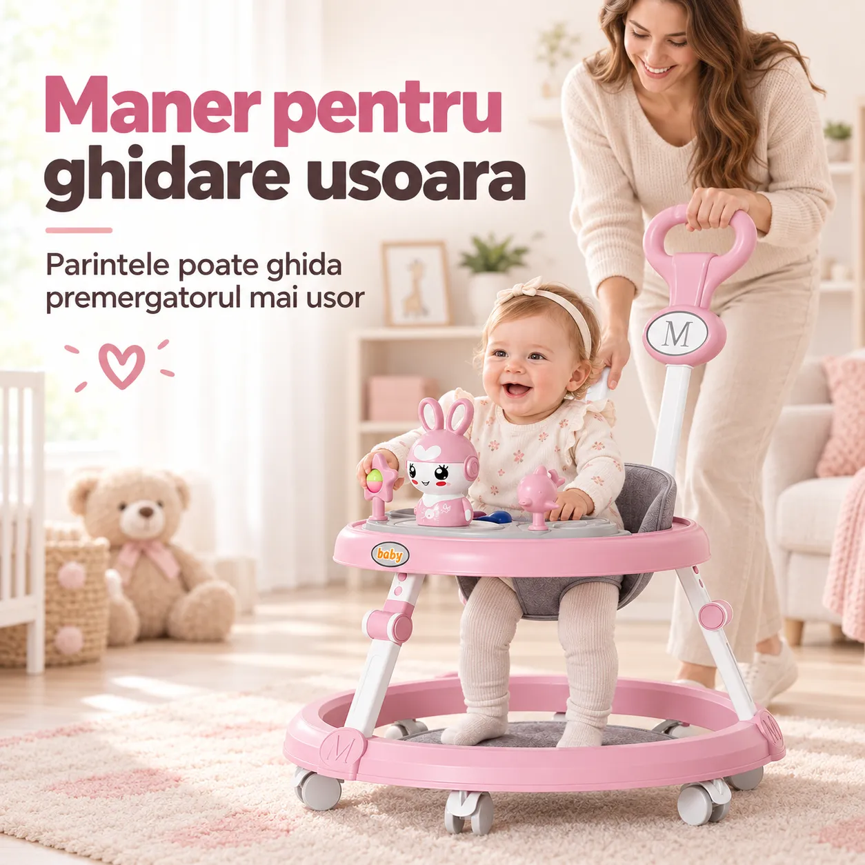 Timebox premergător bebe cu mâner roz muzică