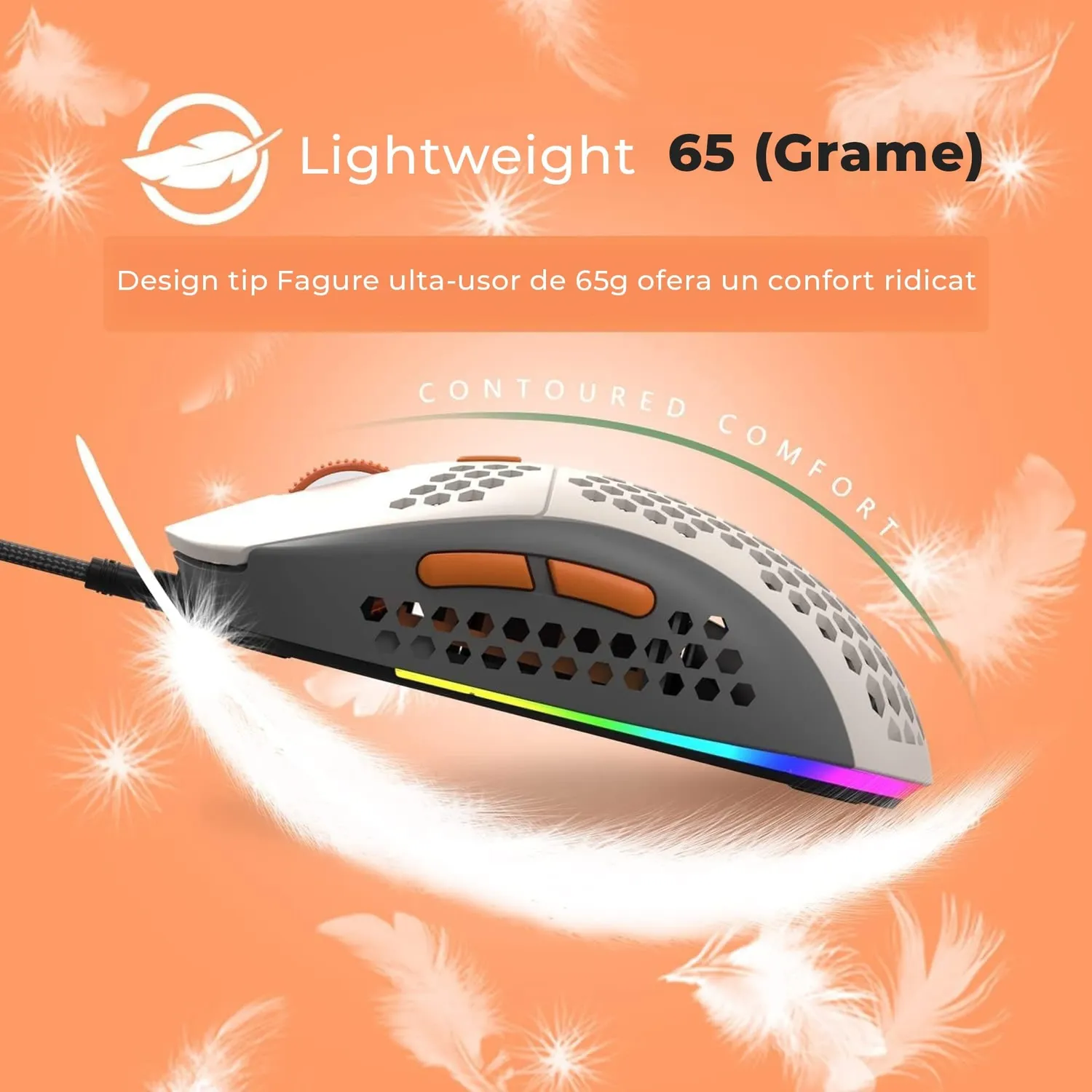Timebox mouse gaming USB 6400 DPI RGB alb portocaliu usor