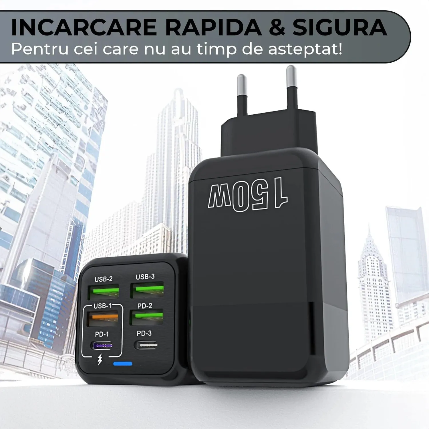 Timebox incarcator retea 150W 6 porturi alb Type-C USB-A