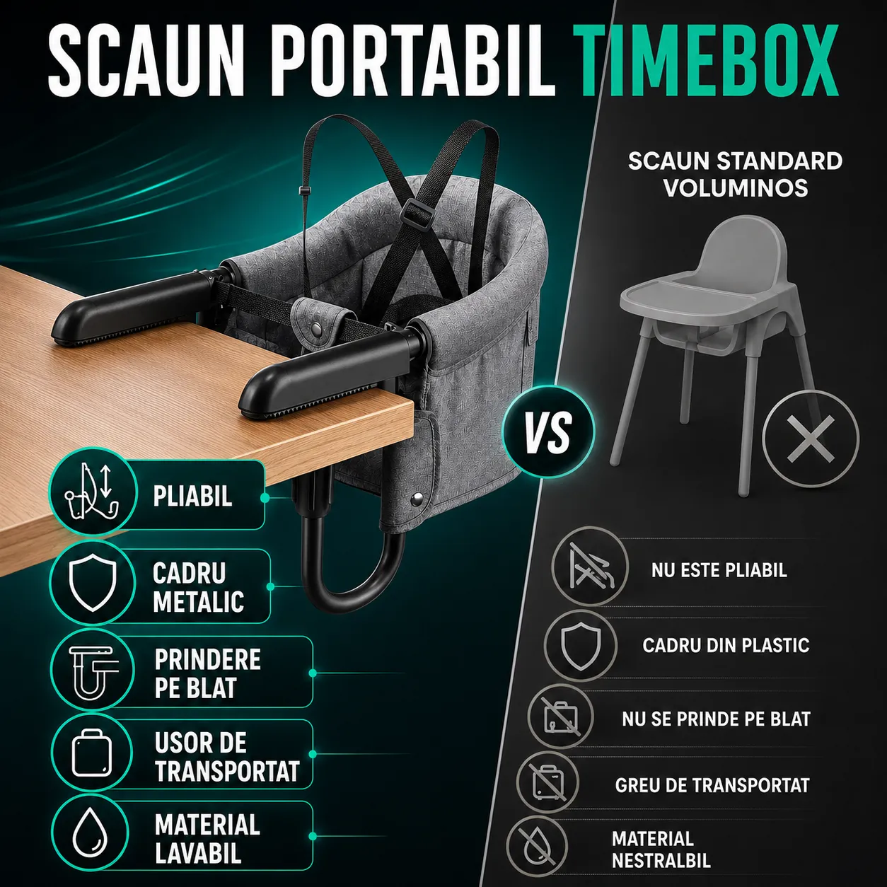 Timebox Scaun Bebe Atasabil Masa Pliabil Gri