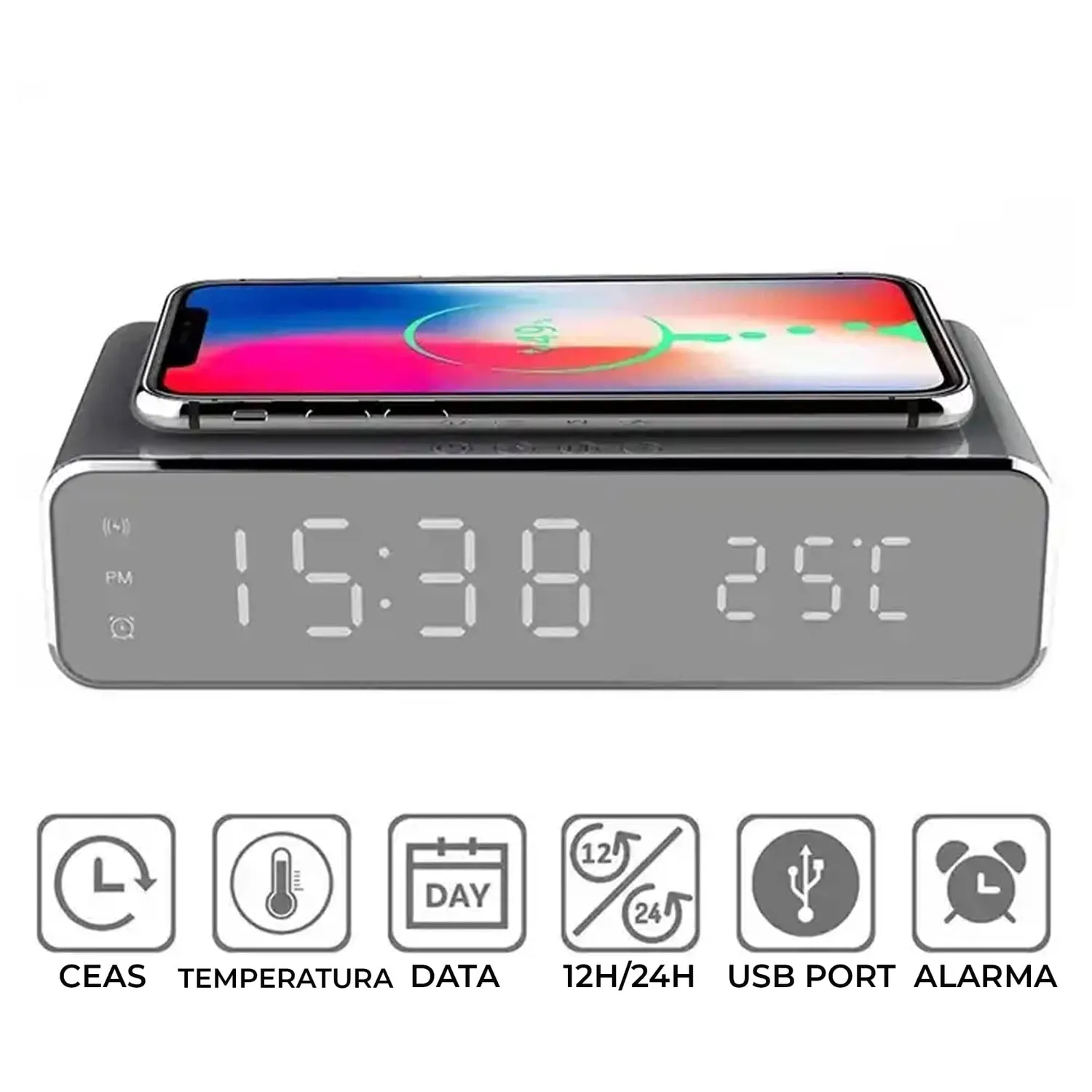 Timebox Incarcator Wireless 10W cu Ceas Negru