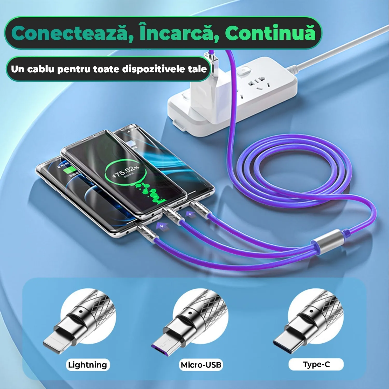 Timebox 3 în 1 cablu date mov 120W 1,2m rapid