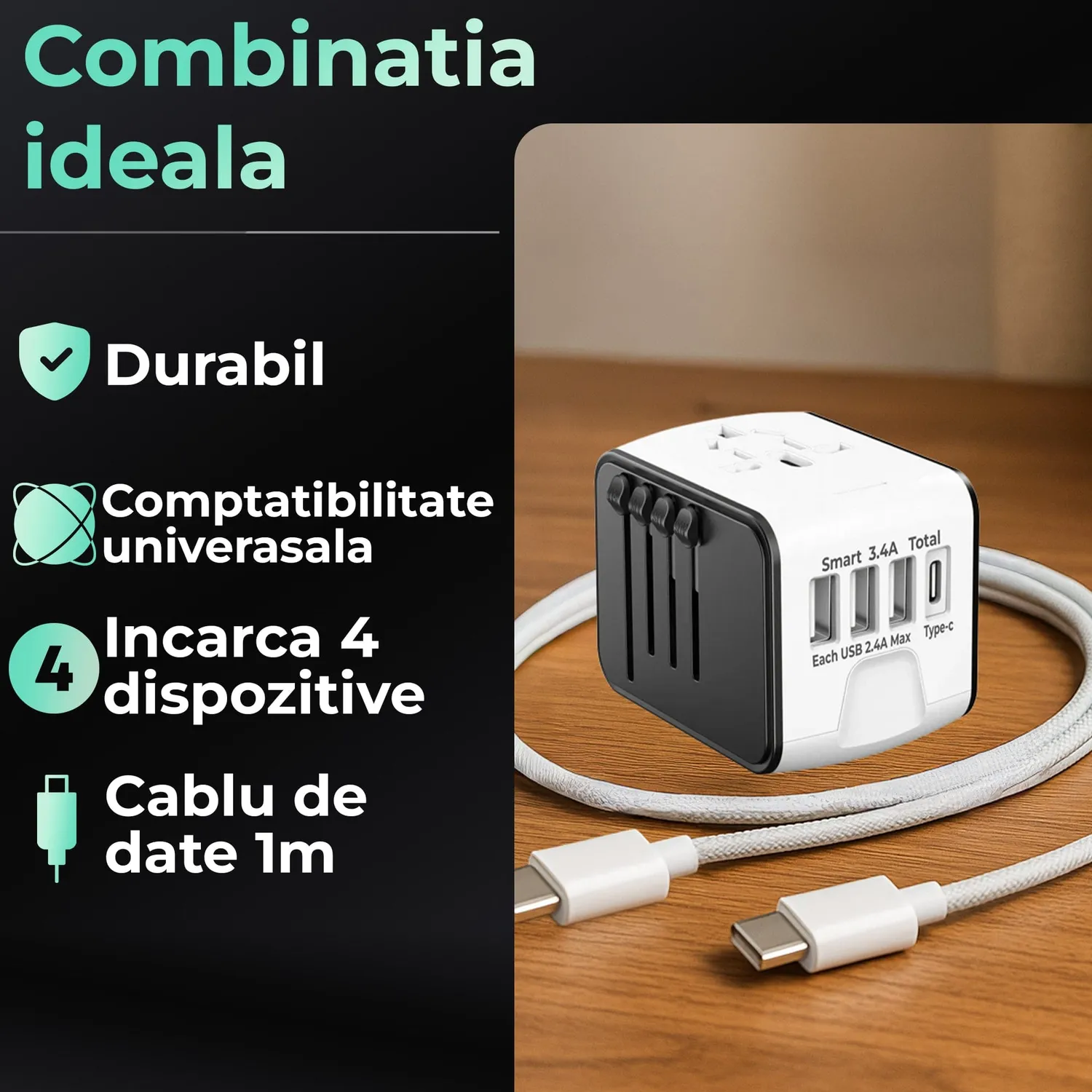 Timebox set calatorie adaptor universal + cablu 66W alb