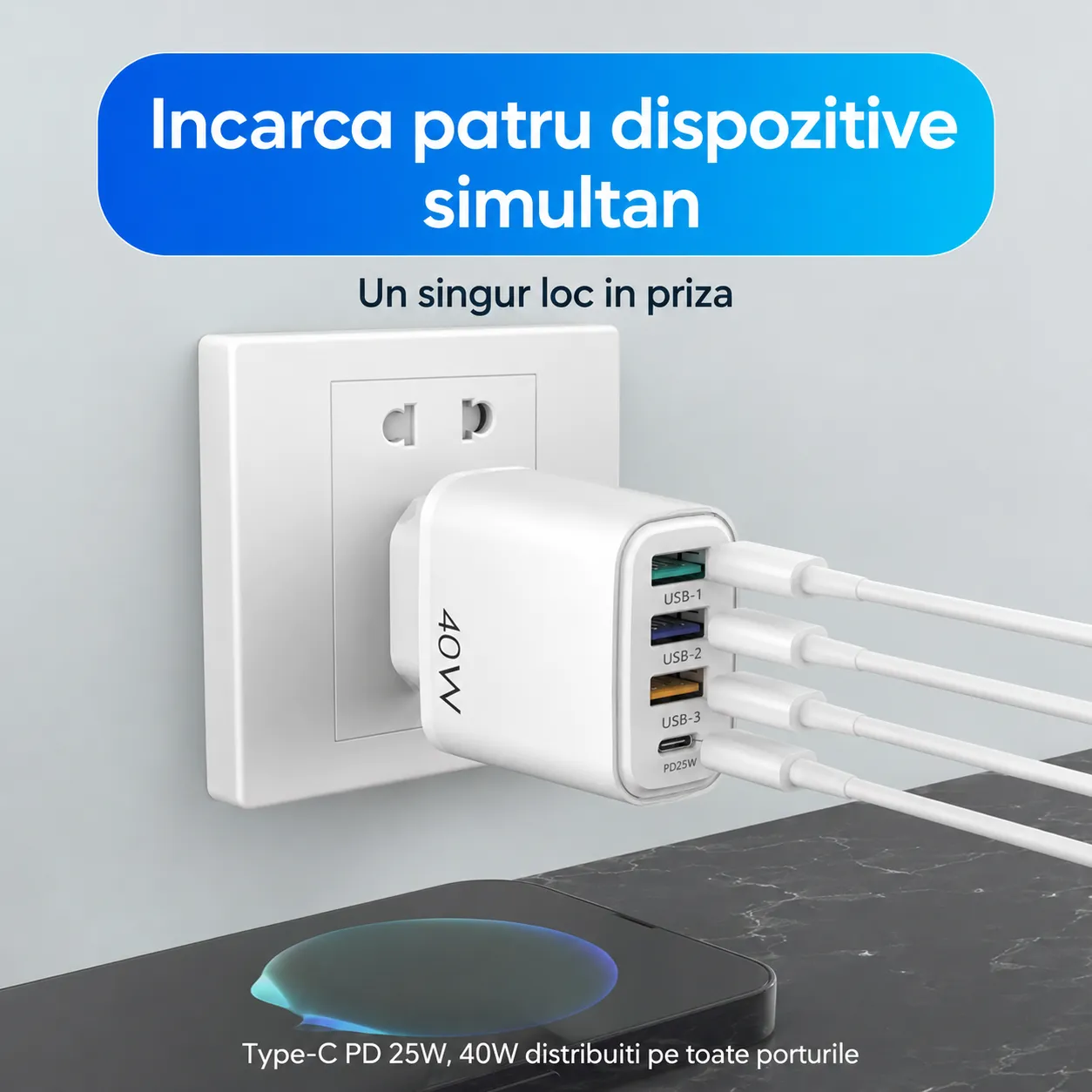 Timebox 40W Incarcator Retea 4 Porturi Alb Fast Charge