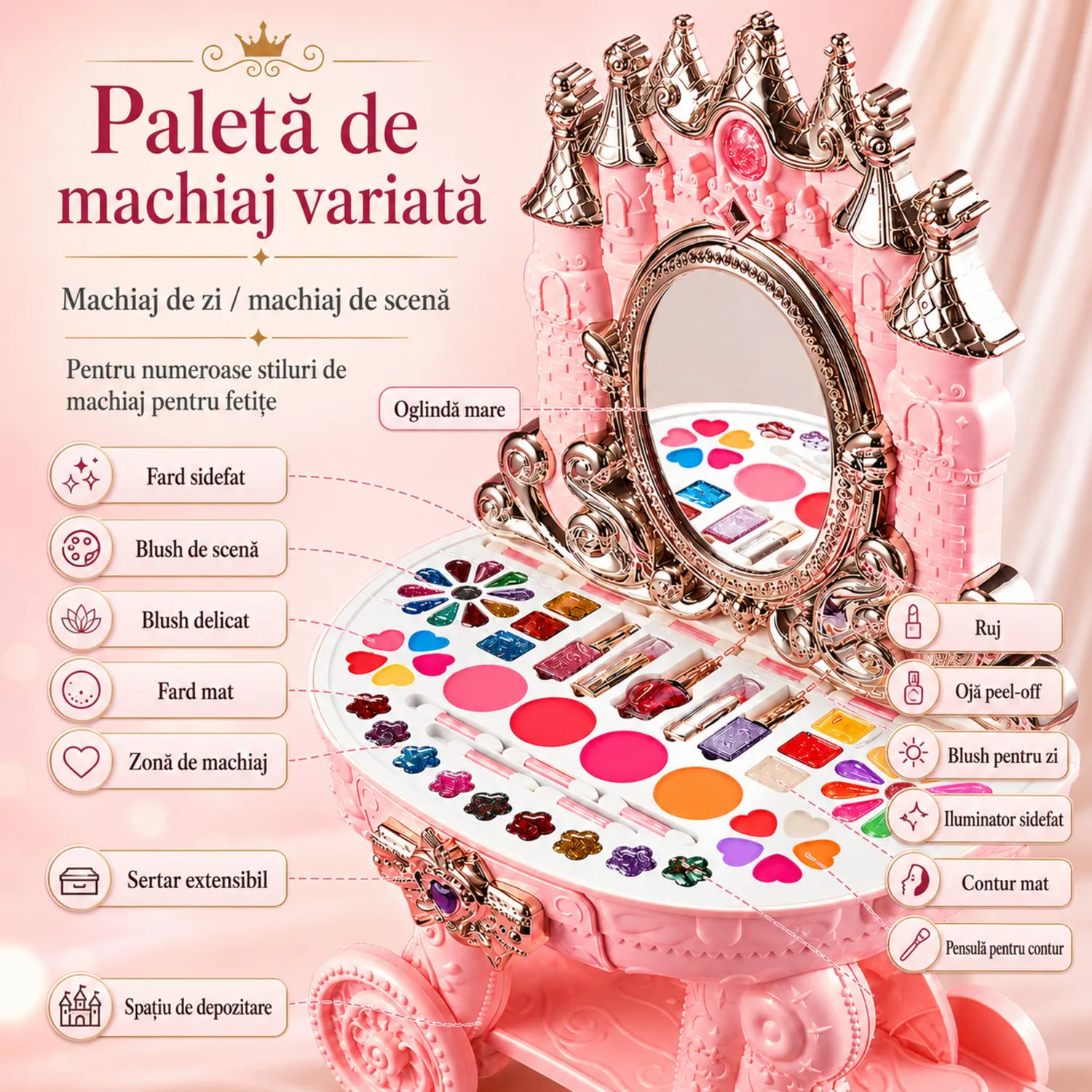 Timebox Castel Muzical XXL masuță machiaj roz cu cosmetice
