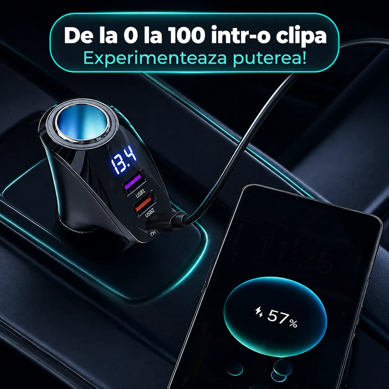 Timebox 110W Adaptor Priza Auto 4 in 1 Negru Display