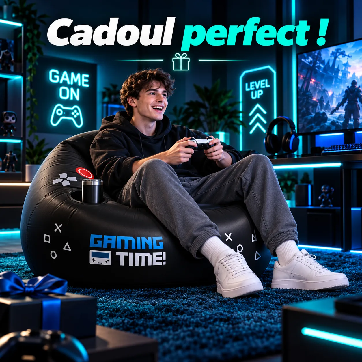 Fotoliu gonflabil gaming Timebox negru cu suport pahar