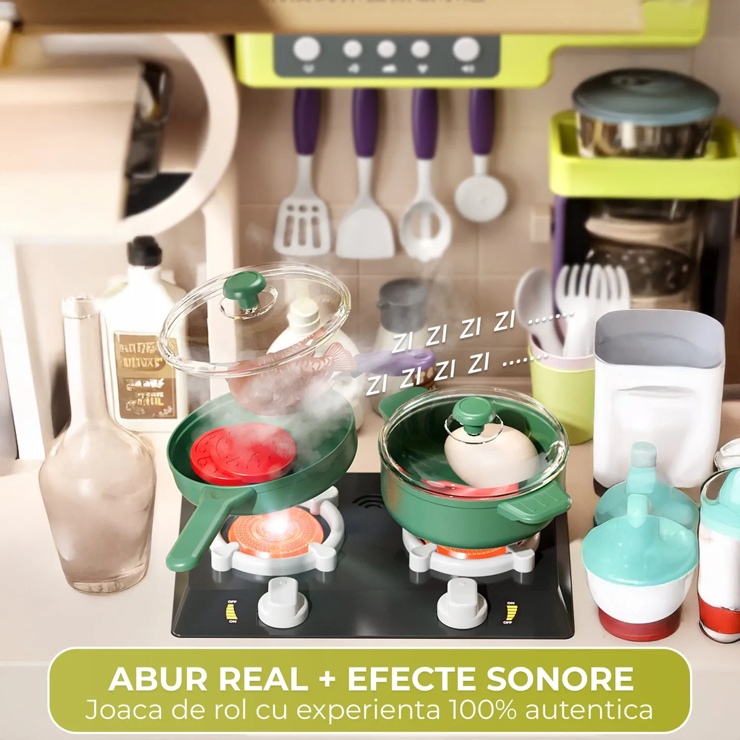 Timebox bucatarie copii 95 cm verde abur real 80+ piese