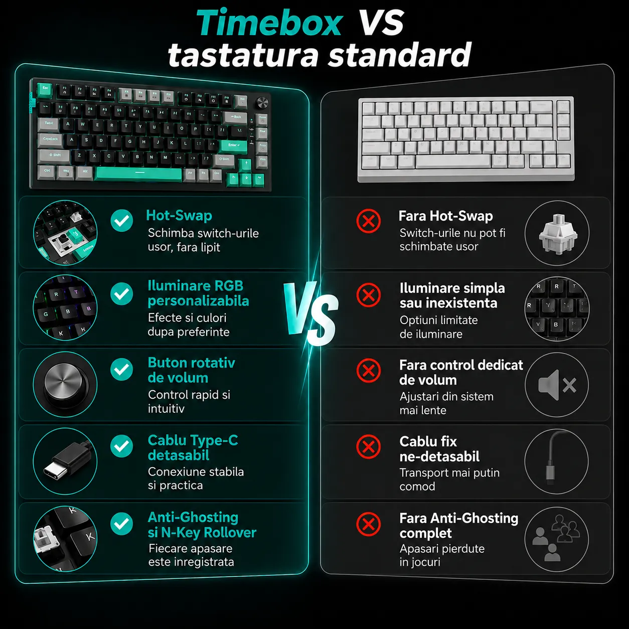 Timebox 75% tastatura mecanica Blue Switch Hot-Swap negru