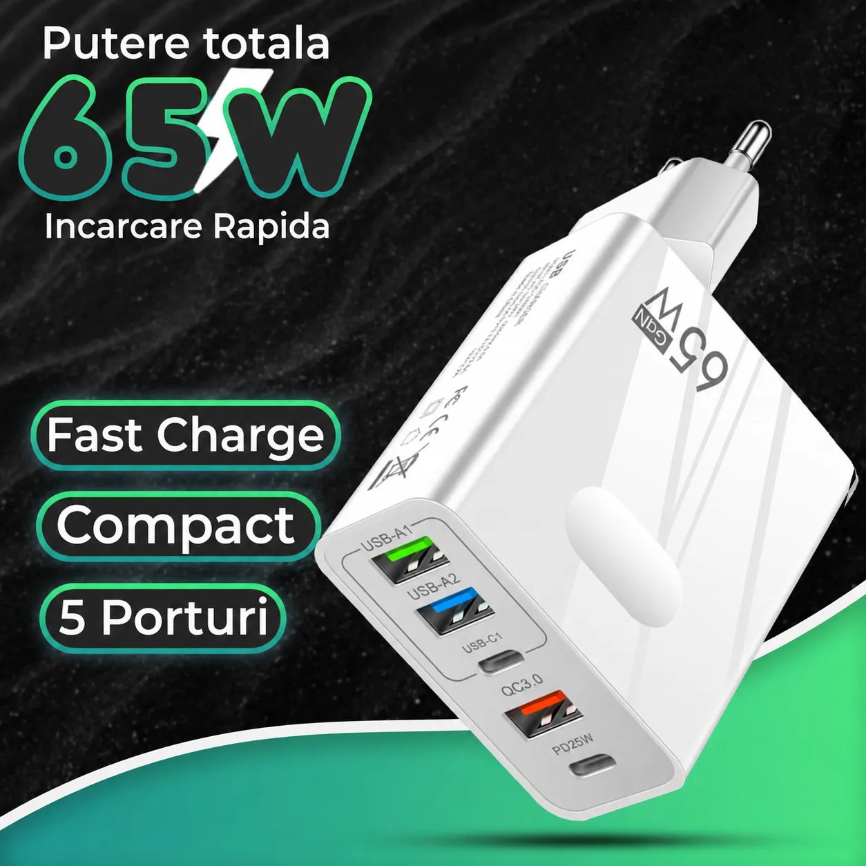 Timebox 65W incarcator retea 5 porturi alb QC3