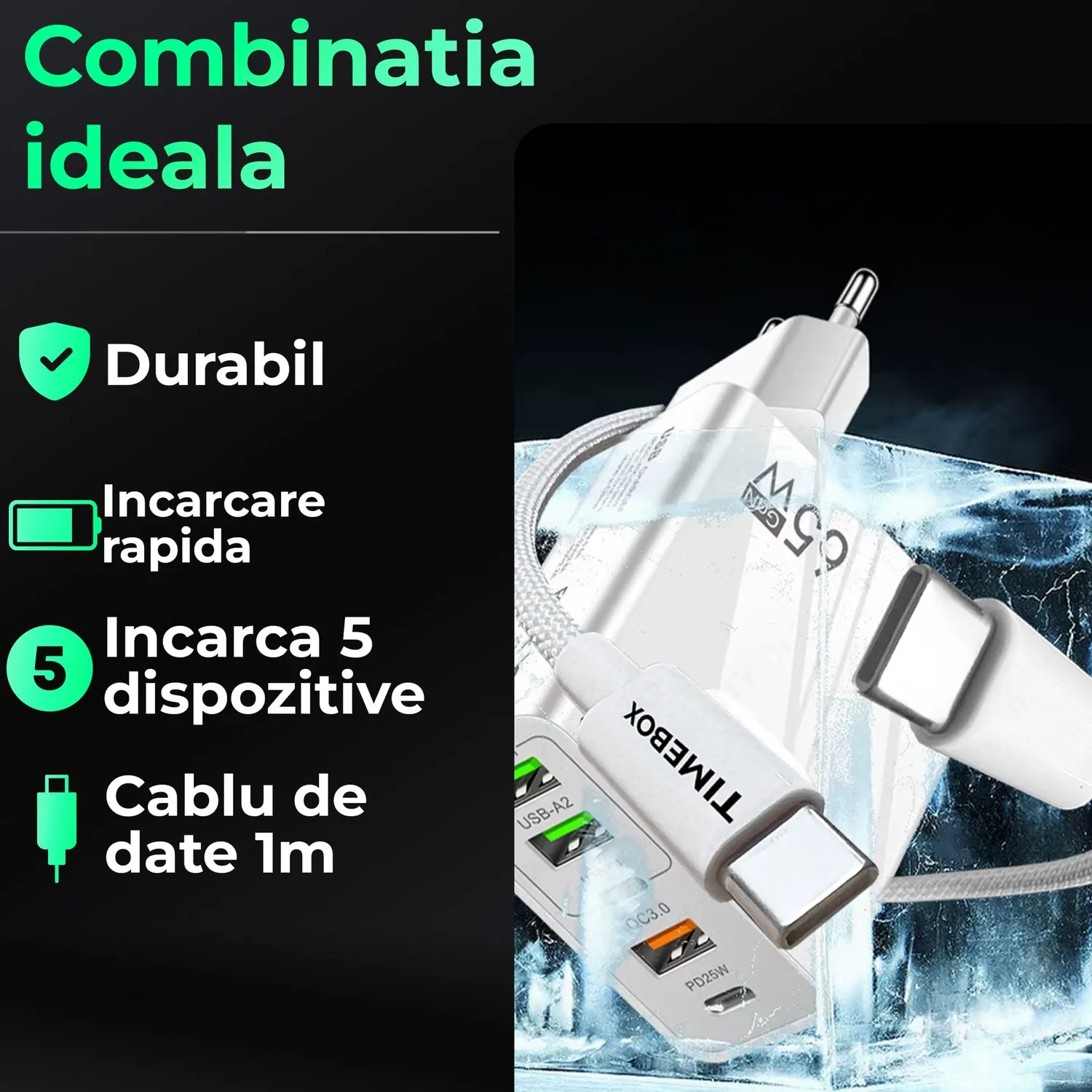 Timebox GS-814-ALB-SET incarcator retea alb 65W rapid 5 porturi