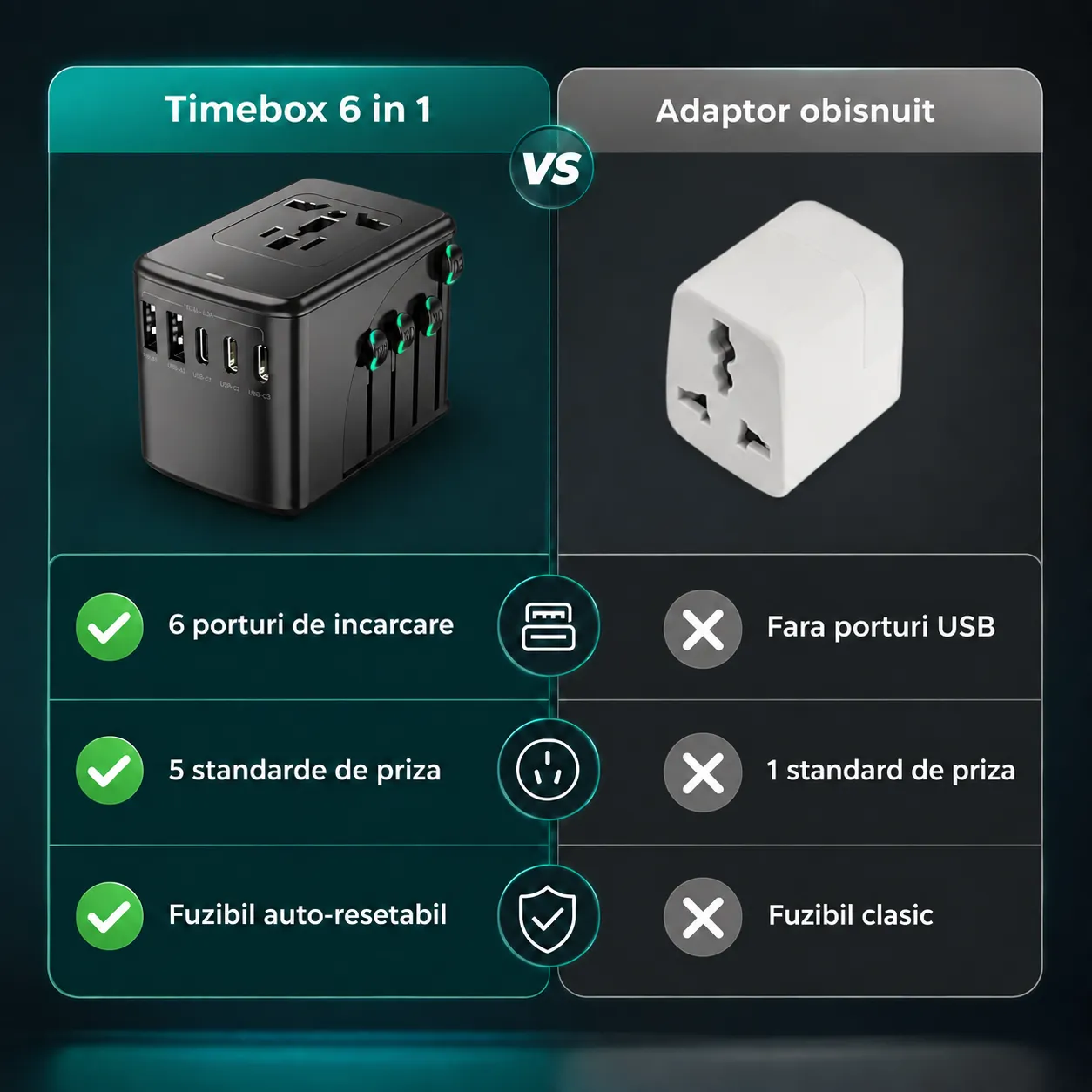 Timebox Adaptor Universal Priza Voiaj 5 Porturi Negru