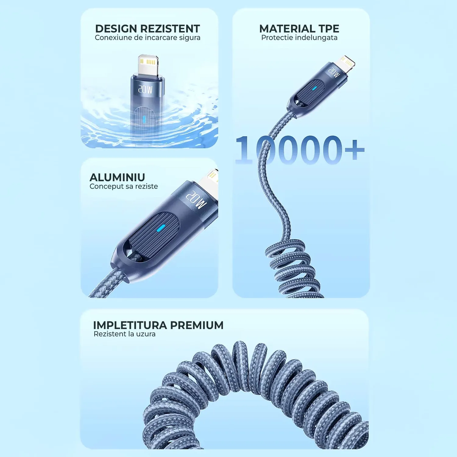 Timebox cablu USB-C Lightning 20W spiralat albastru