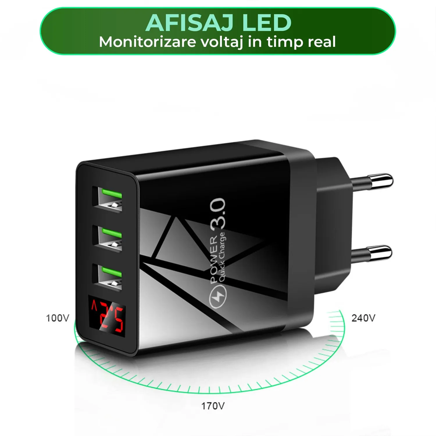Timebox Incarcator Retea 3 Porturi 15W Negru LED