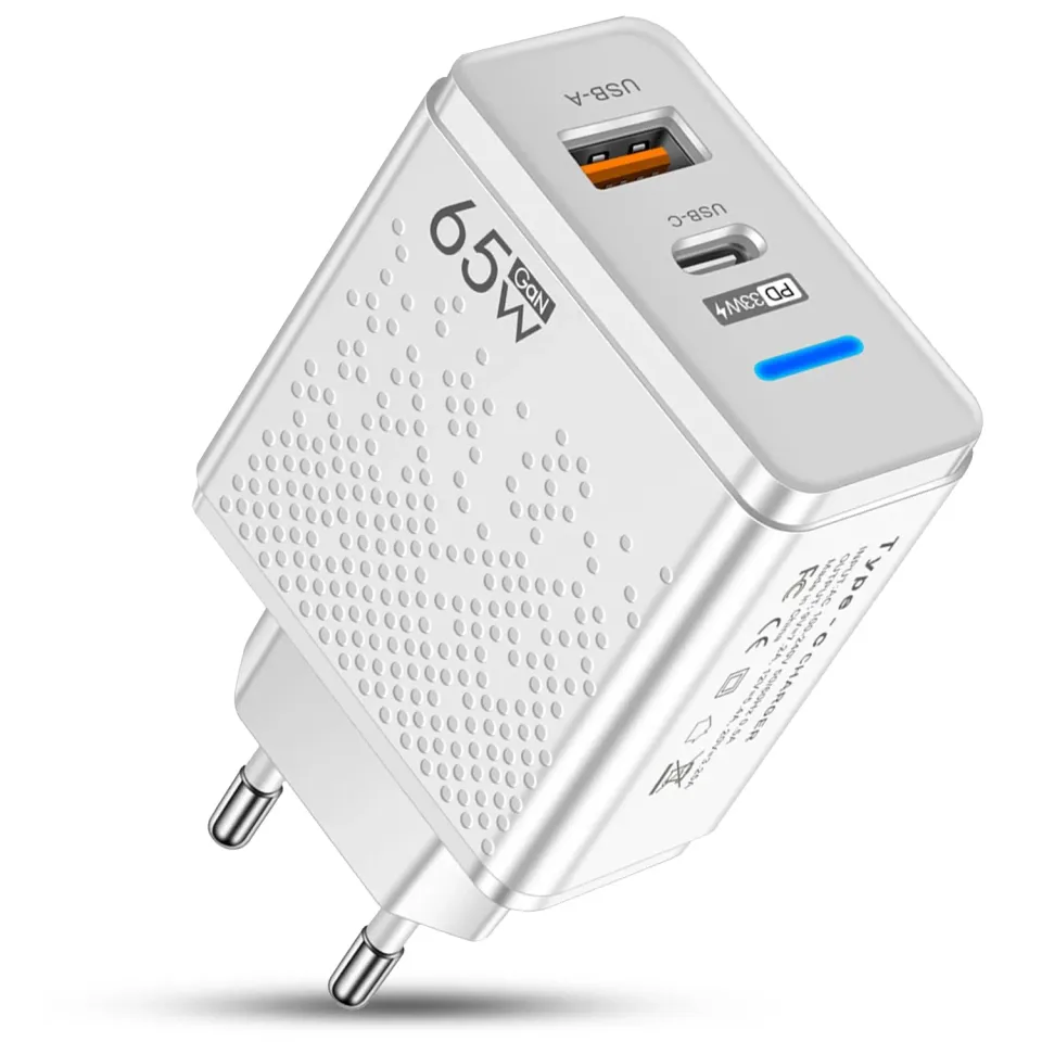 Incarcator Timebox retea 65W USB + Type-C alb LED