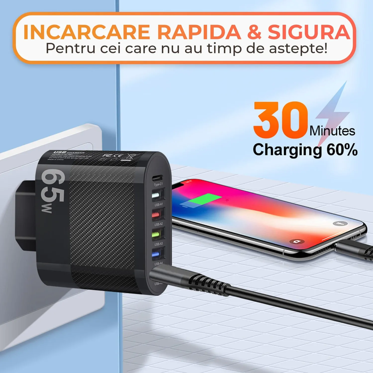 Încărcător rețea Timebox 65W 6 porturi Type-C USB negru rapid