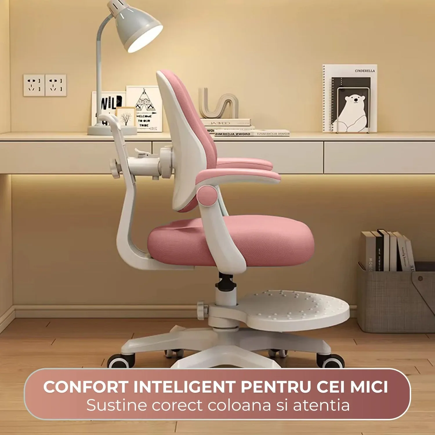 Timebox scaun copii ergonomic roz 3-12 ani inaltime reglabila