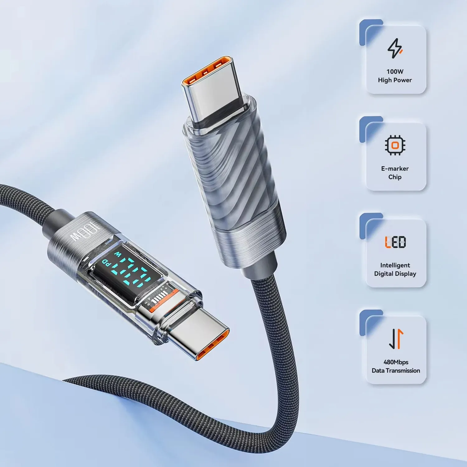 Timebox Cablu USB-C 100W 2m Gri cu Display Digital