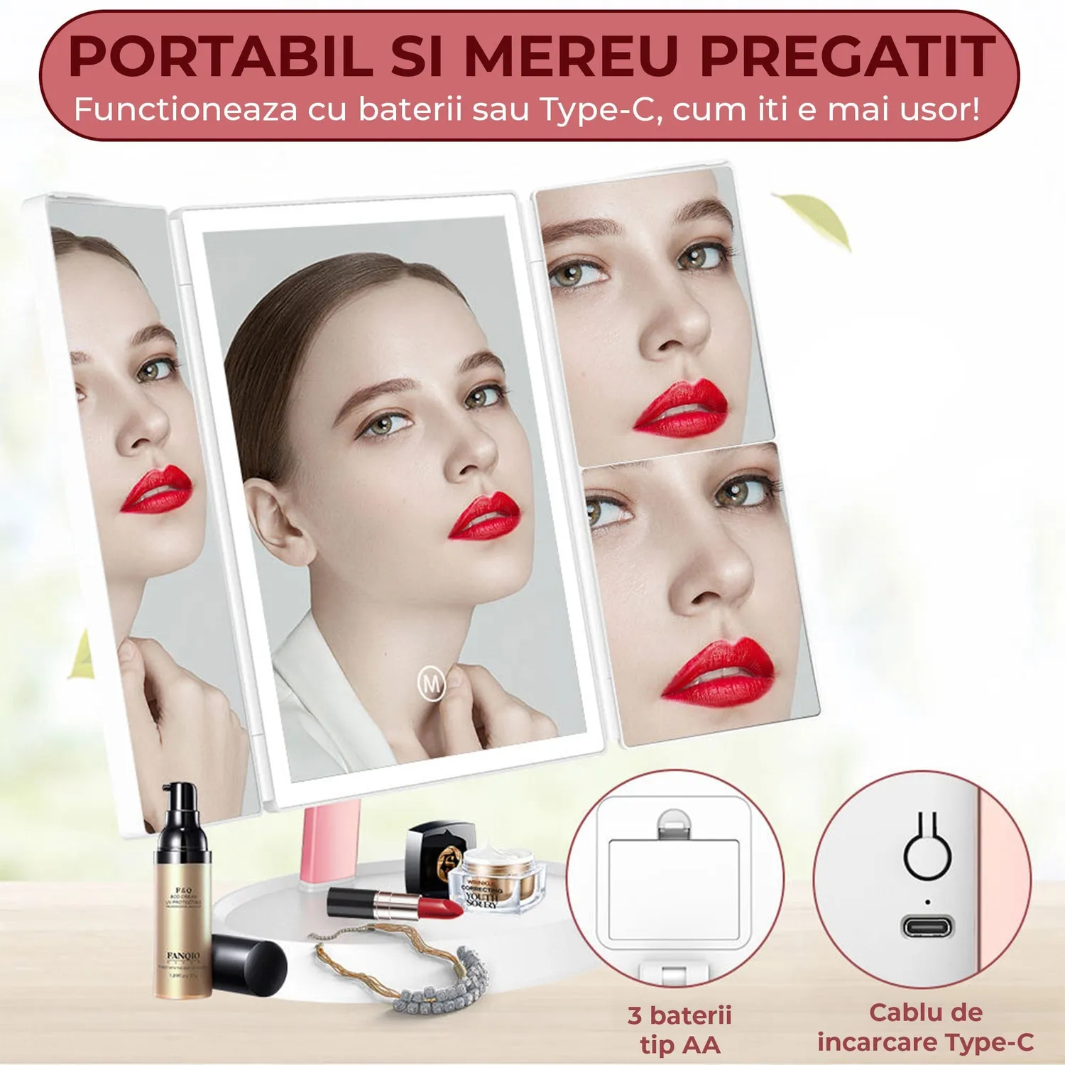 Timebox Trifold oglinda cosmetica LED pliabila 1X/2X/3X