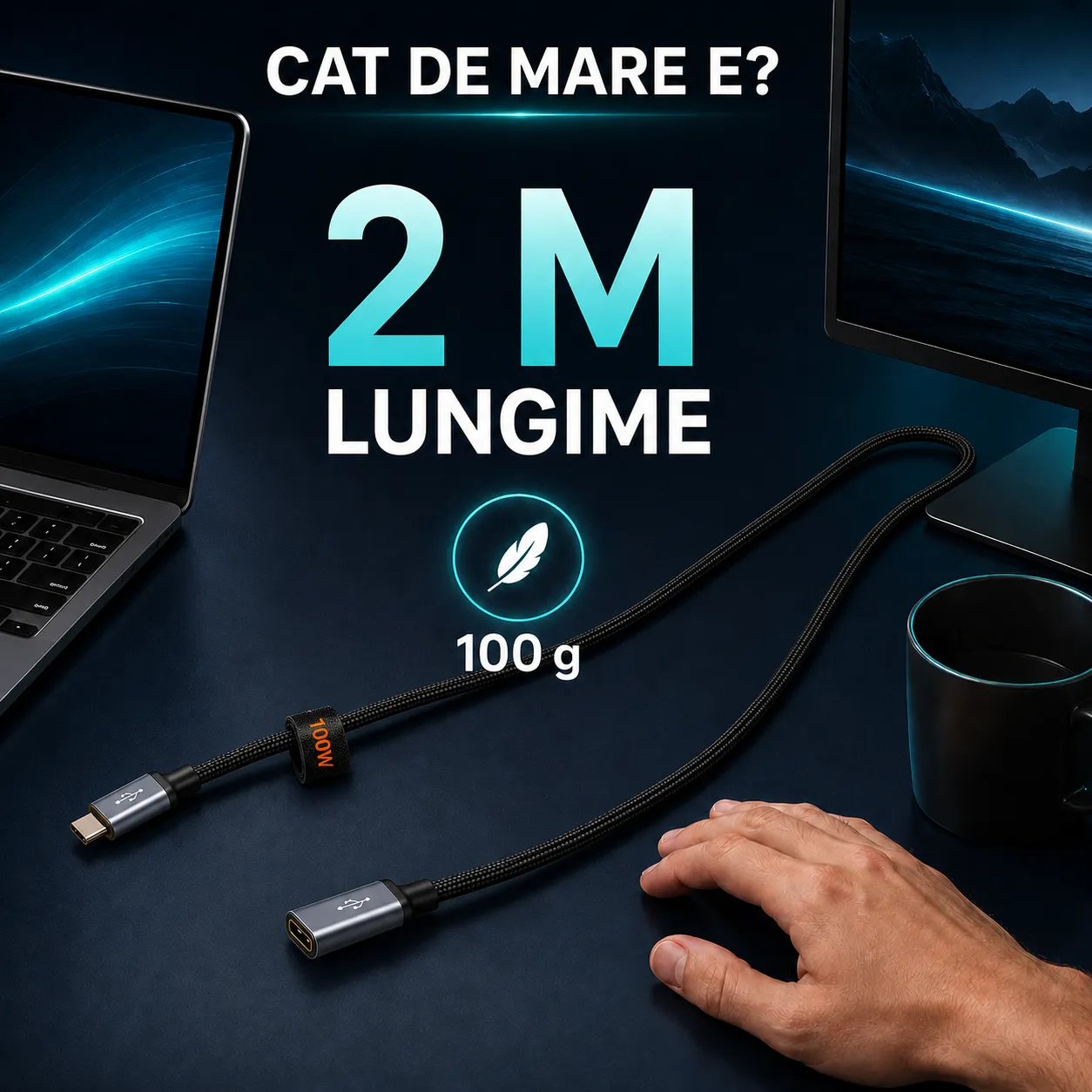 Timebox cablu prelungitor USB-C 100W negru 2m 10Gbps