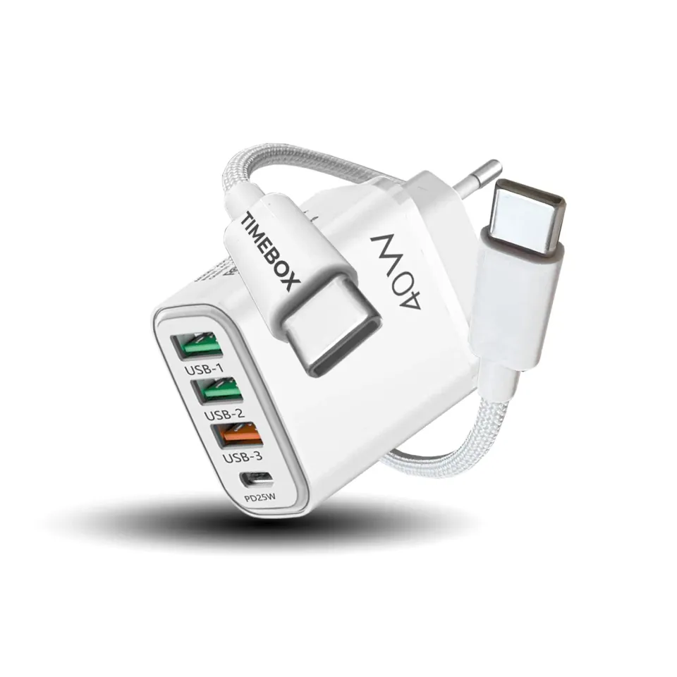 Incarcator Timebox 40W retea 4 porturi alb Type-C USB-A