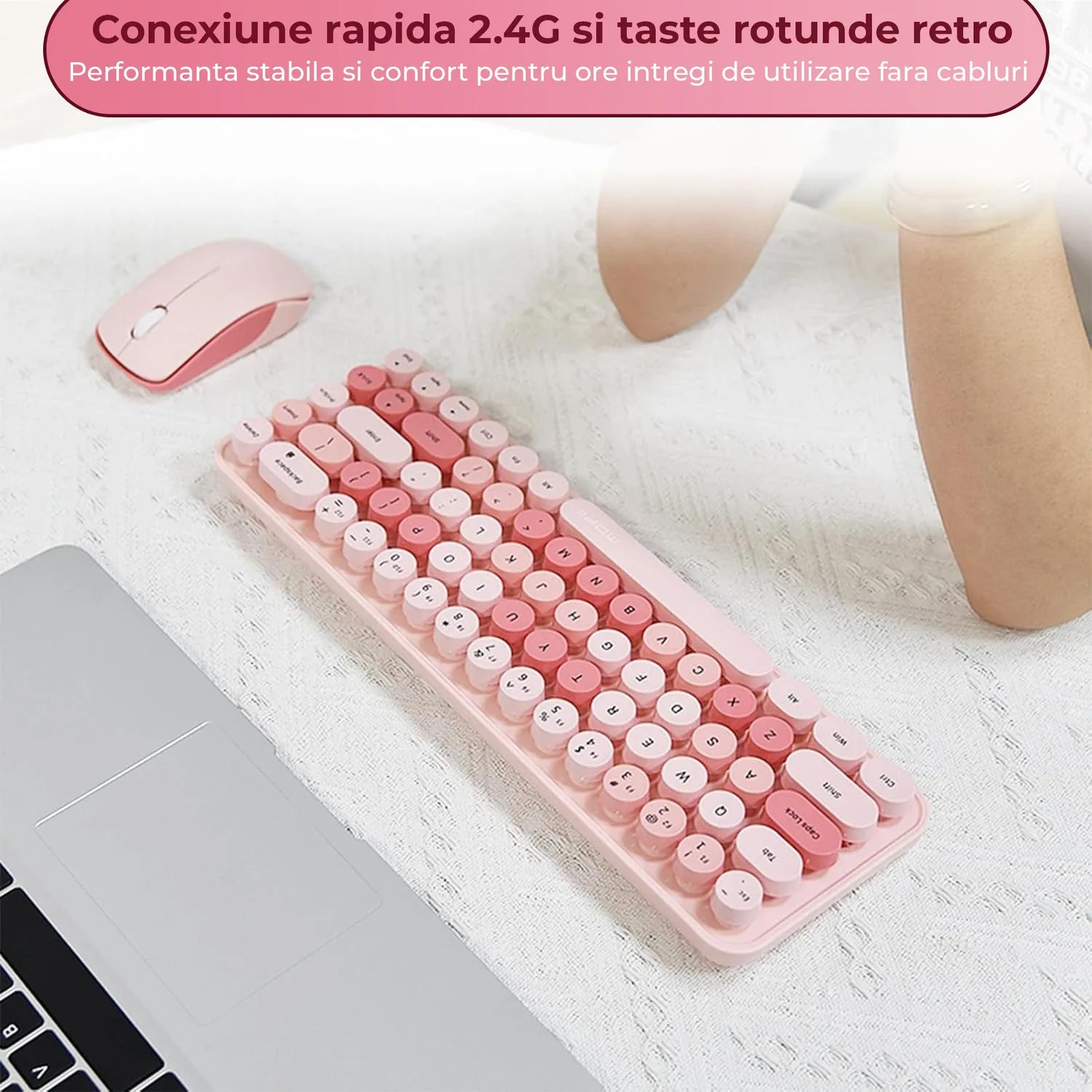 Timebox Set Tastatura Mouse Wireless 68 Taste Roz