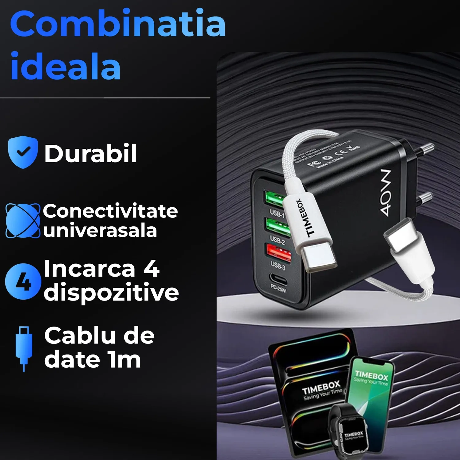 Timebox Incarcator retea 40W 4 porturi Alb fast charge