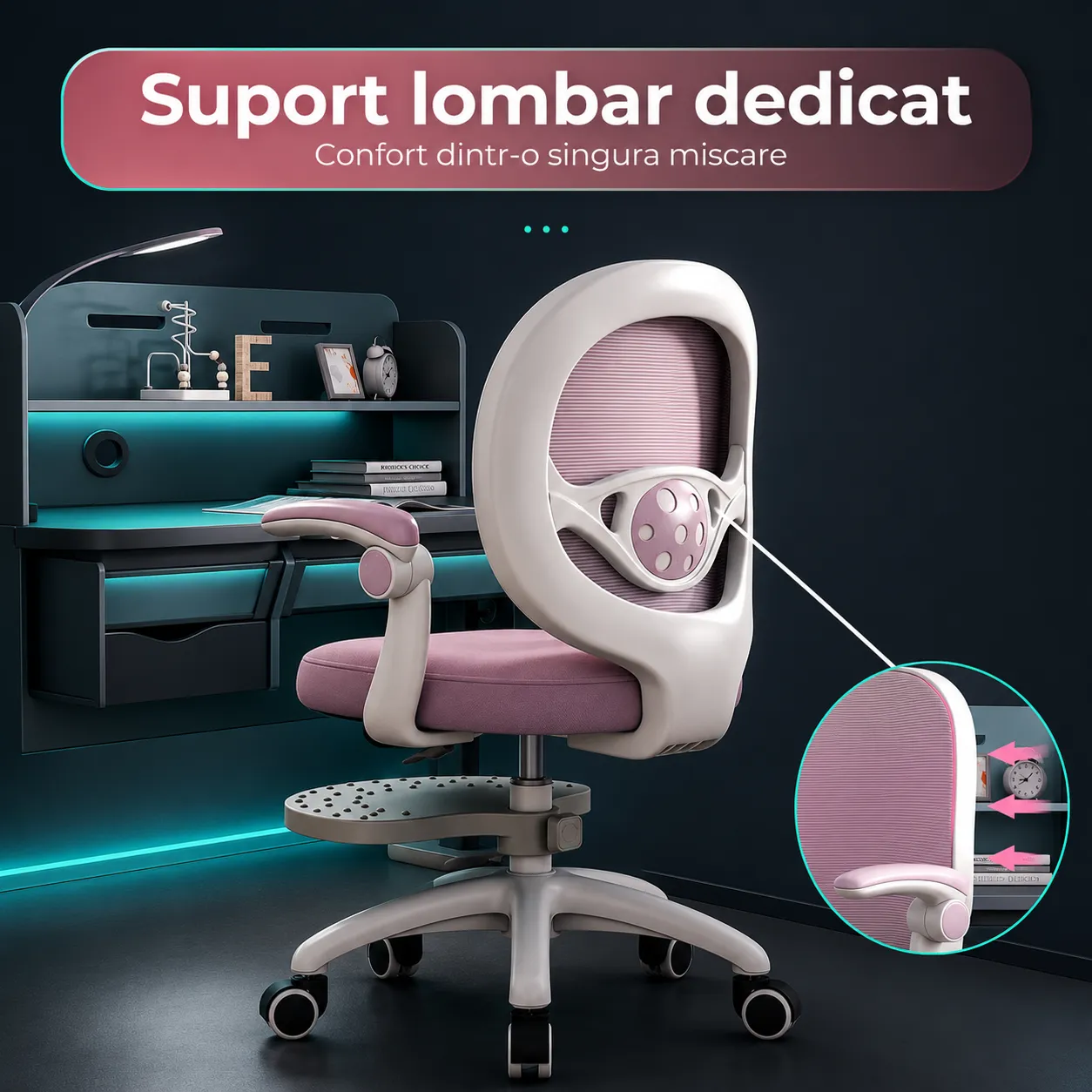 Timebox scaun birou copii roz ergonomic reglabil