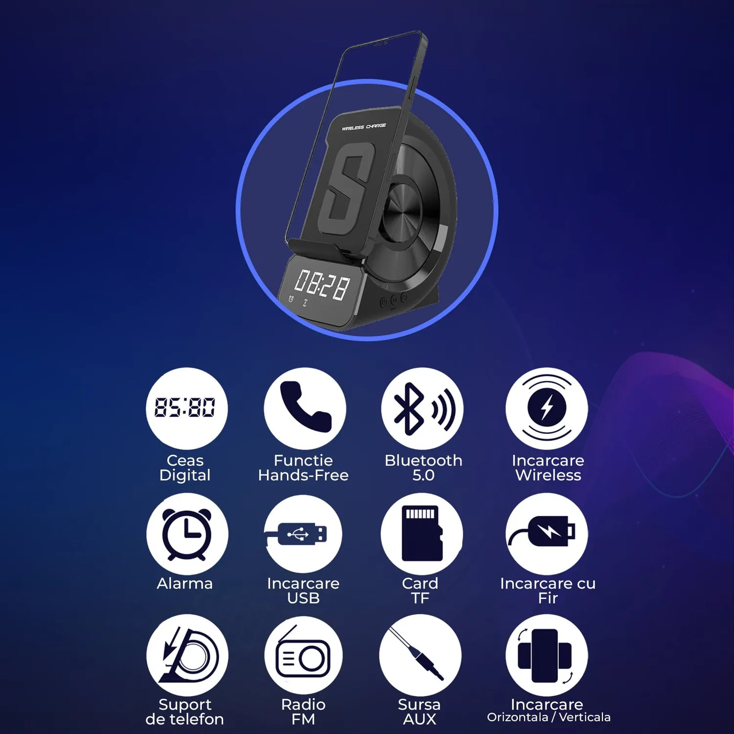Timebox Incarcator Wireless 10W cu Boxa Negru