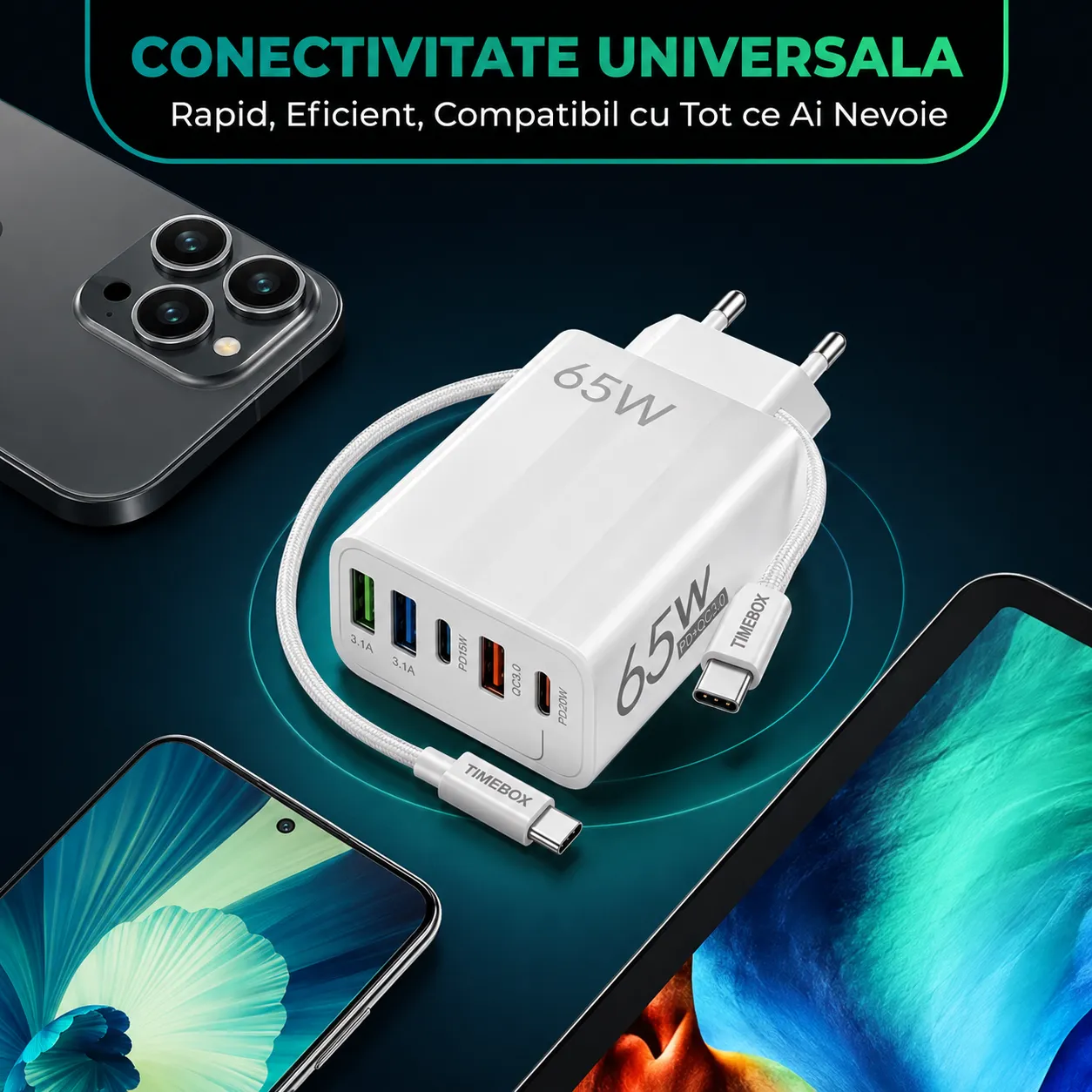 Timebox încărcător rețea 65W alb 5 porturi rapid