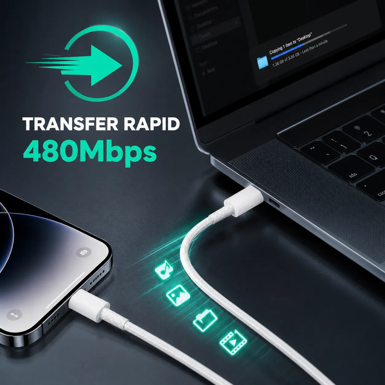 Timebox Cablu USB-C la USB-C 66W 1m alb