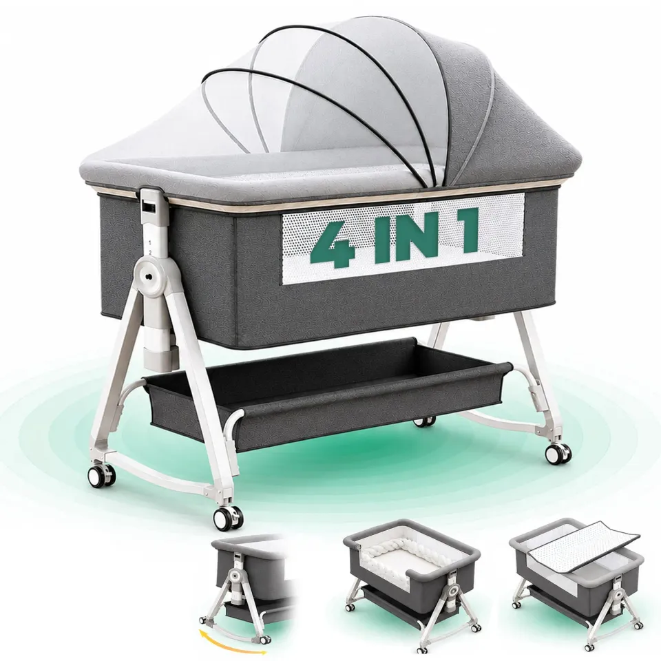 Timebox Pătuț Pliabil Co-Sleeper Gri cu Saltea