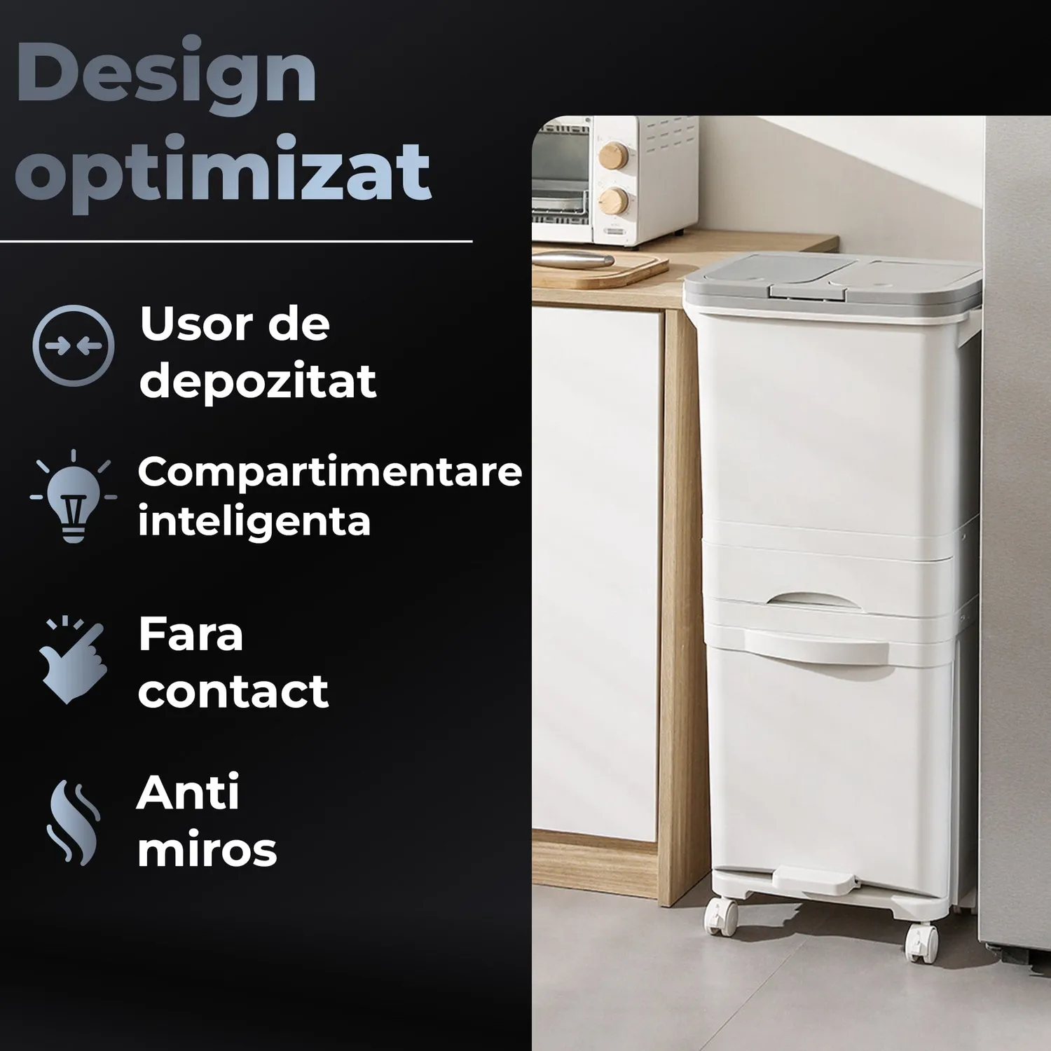 Timebox 42L cos gunoi bucatarie alb dublu cu pedala silentioasa