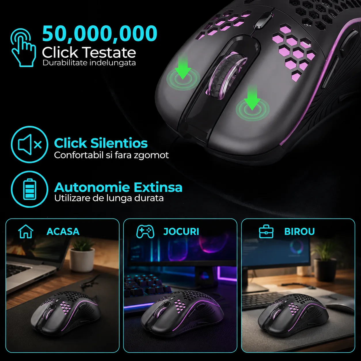 Timebox mouse gaming wireless negru 1600DPI 80g