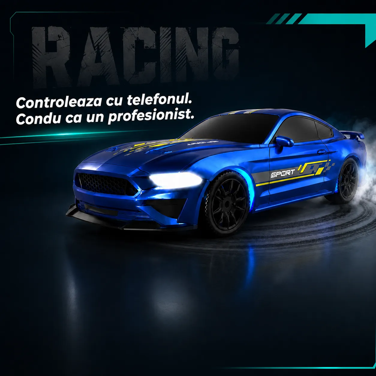 Masina RC drift Timebox 1:43 4WD albastra lumini