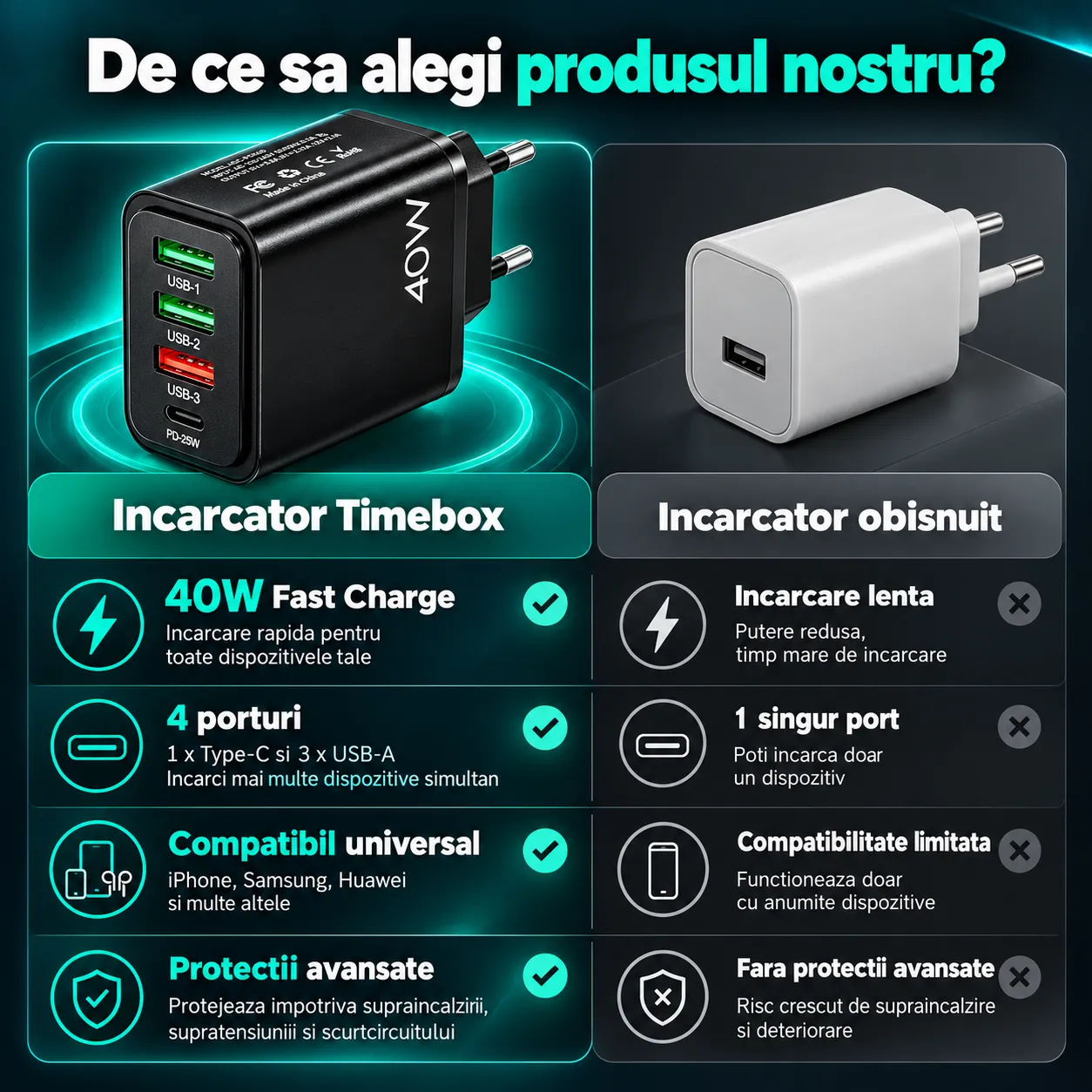 Timebox Incarcator Retea 4 Porturi 40W Negru