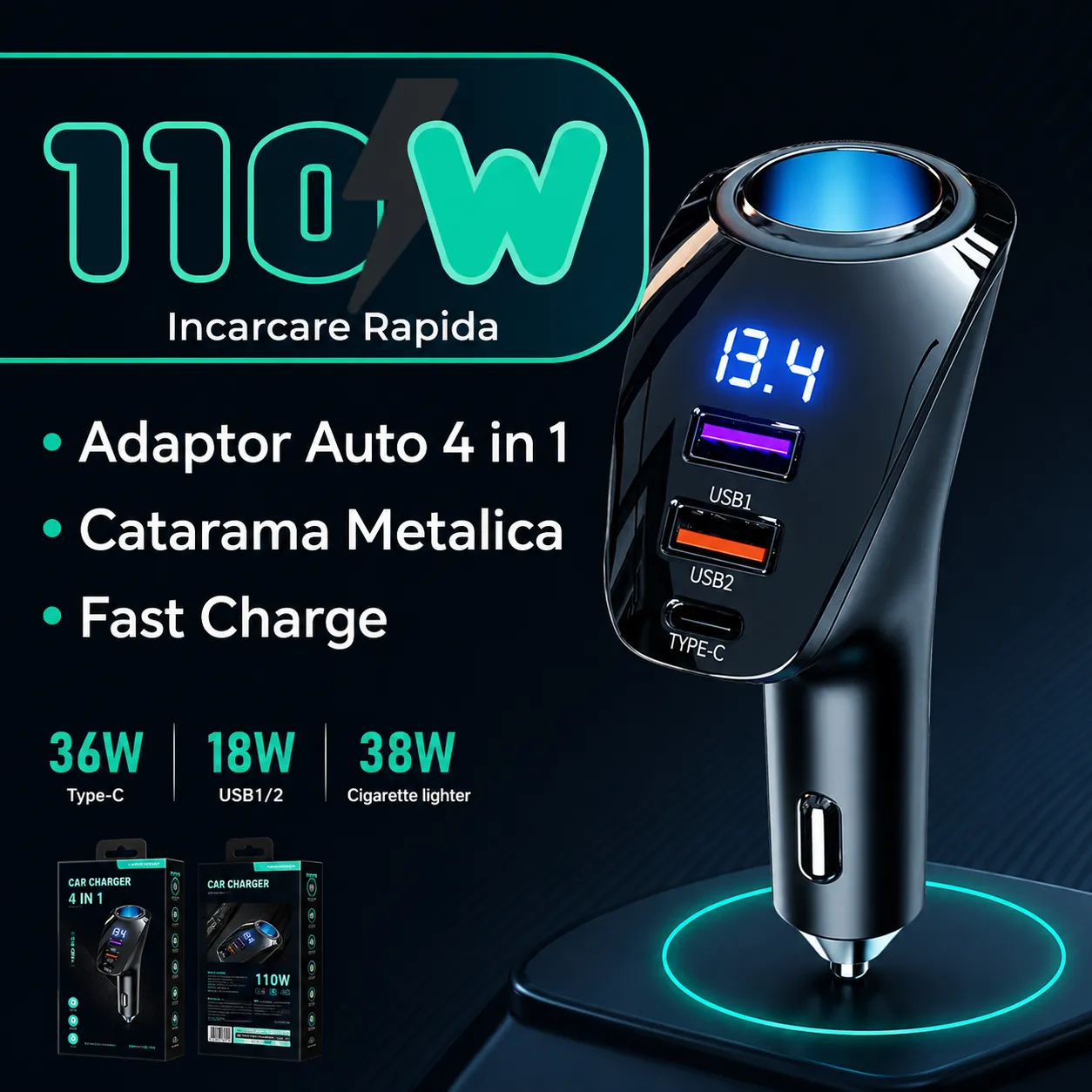 Timebox 110W Adaptor Priza Auto 4 in 1 Negru Display