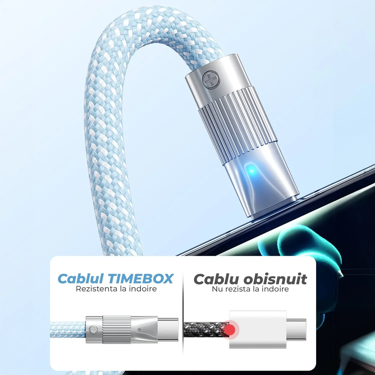 Timebox Cablu USB-Type-C 120W 1m LED Albastru