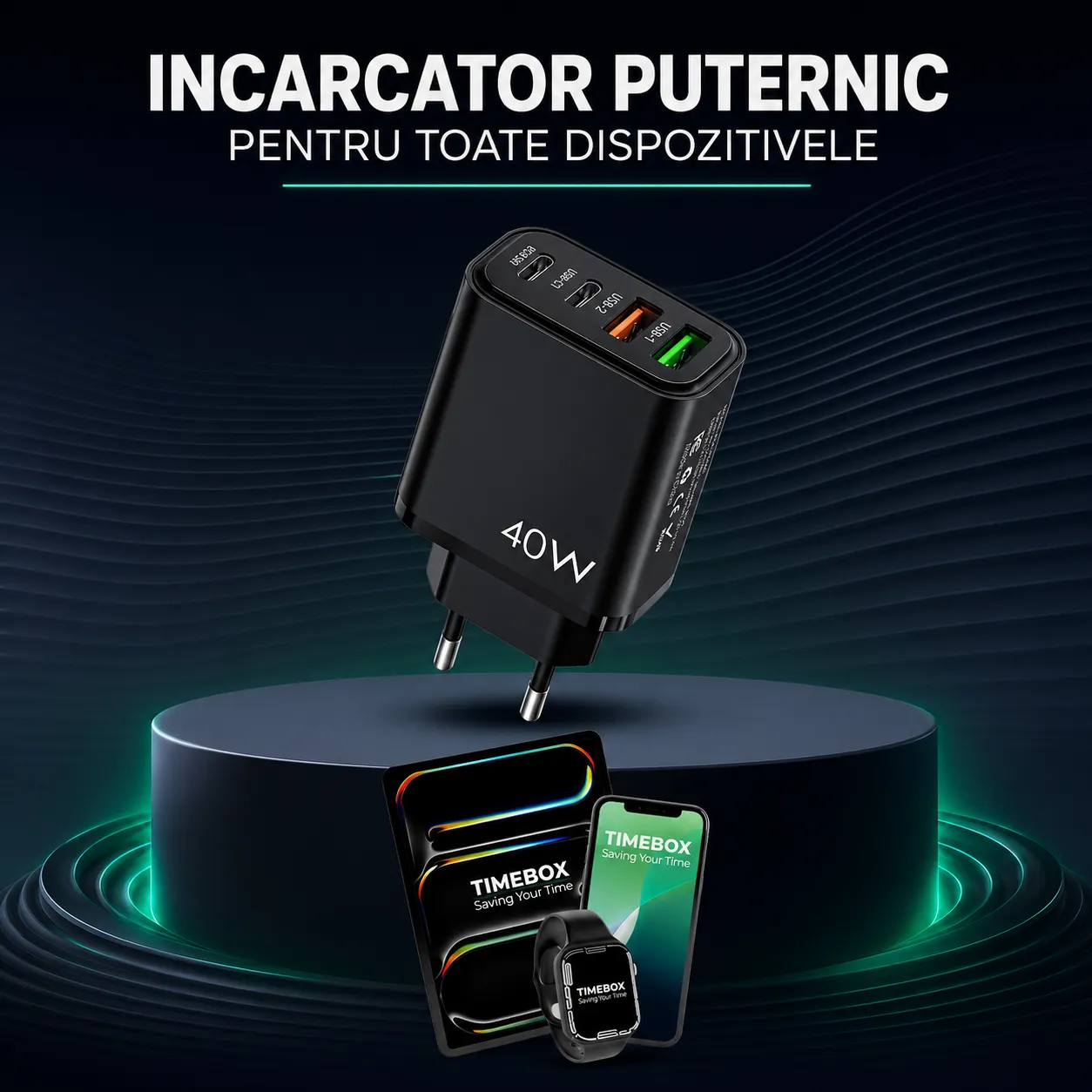 Timebox încărcător rețea 40W 4 porturi negru