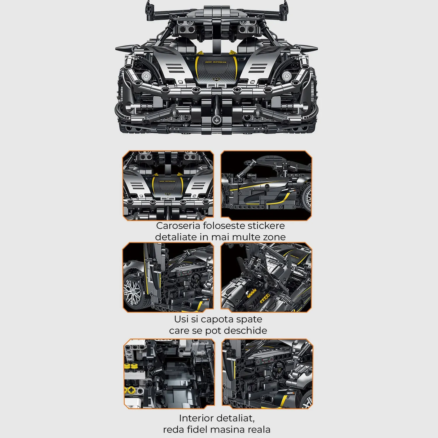 Set constructii Timebox supercar 1505 piese negru-gri