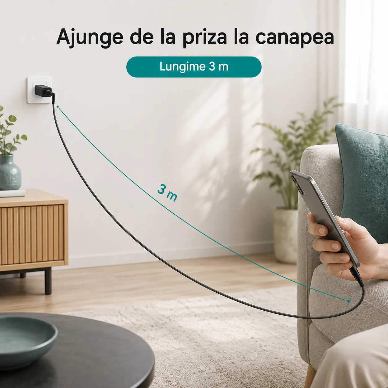 Timebox cablu USB-C 3m negru 90 grade împletit 10W