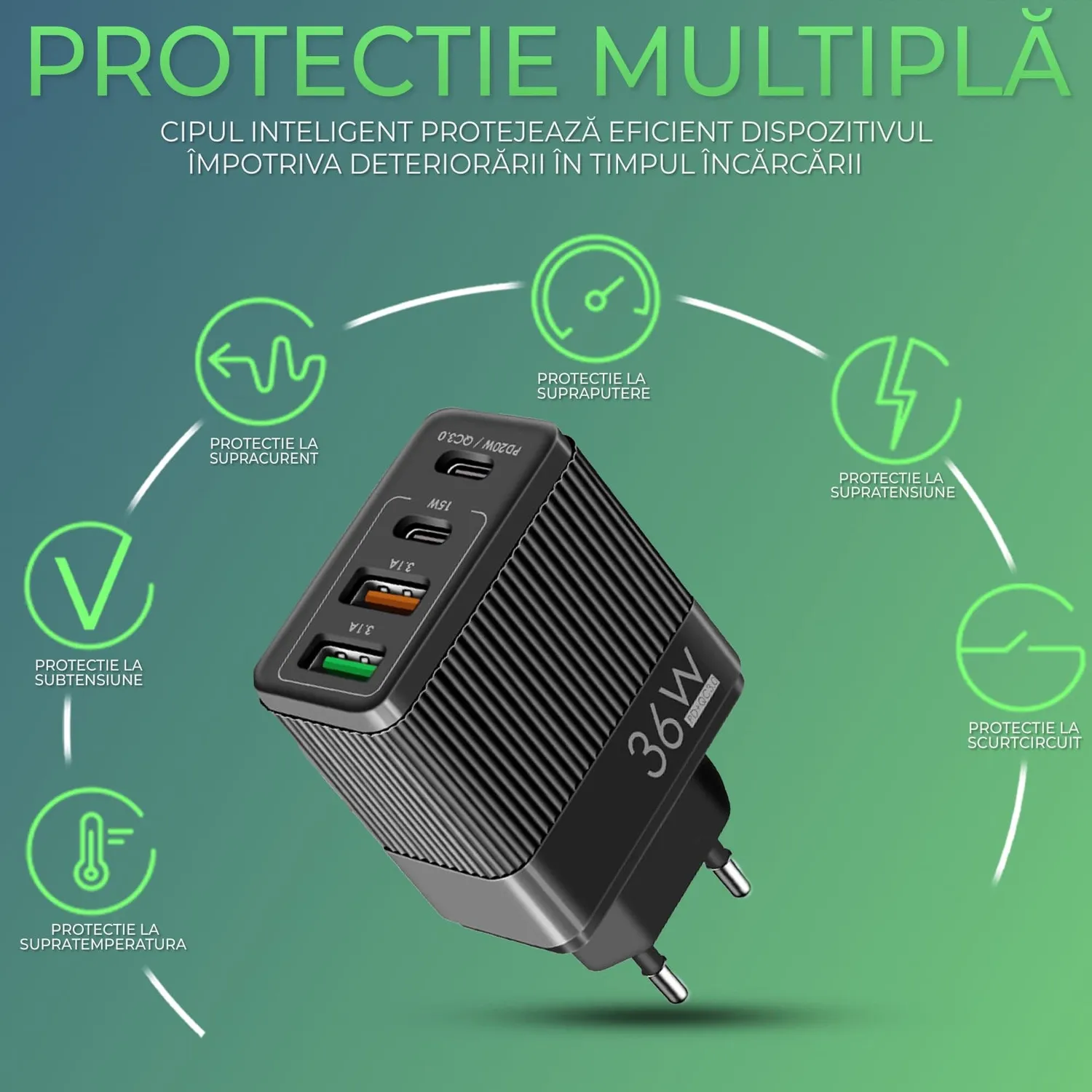 Timebox Incarcator retea 36W 4 porturi negru 2xType-C