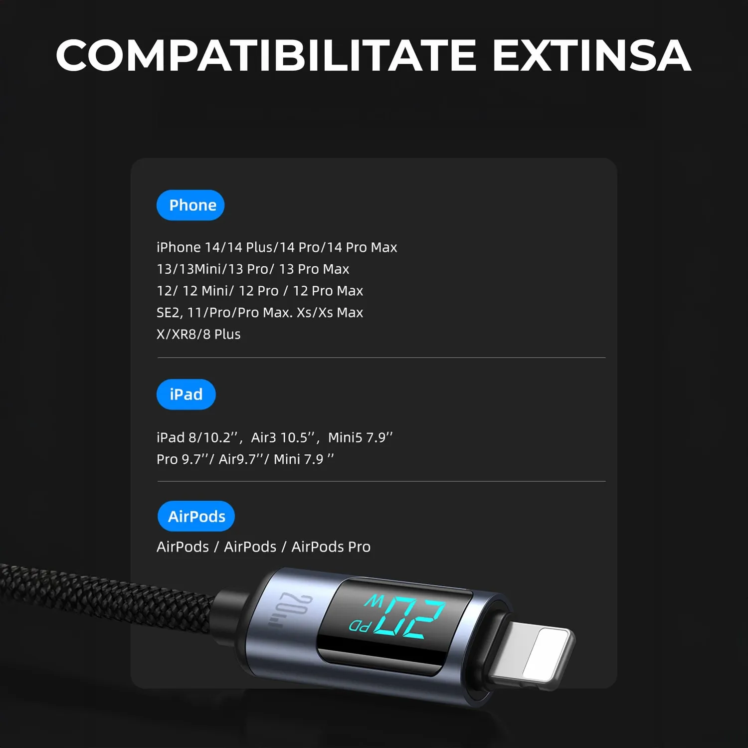 Timebox Cablu USB-C Lightning 20W Negru Display
