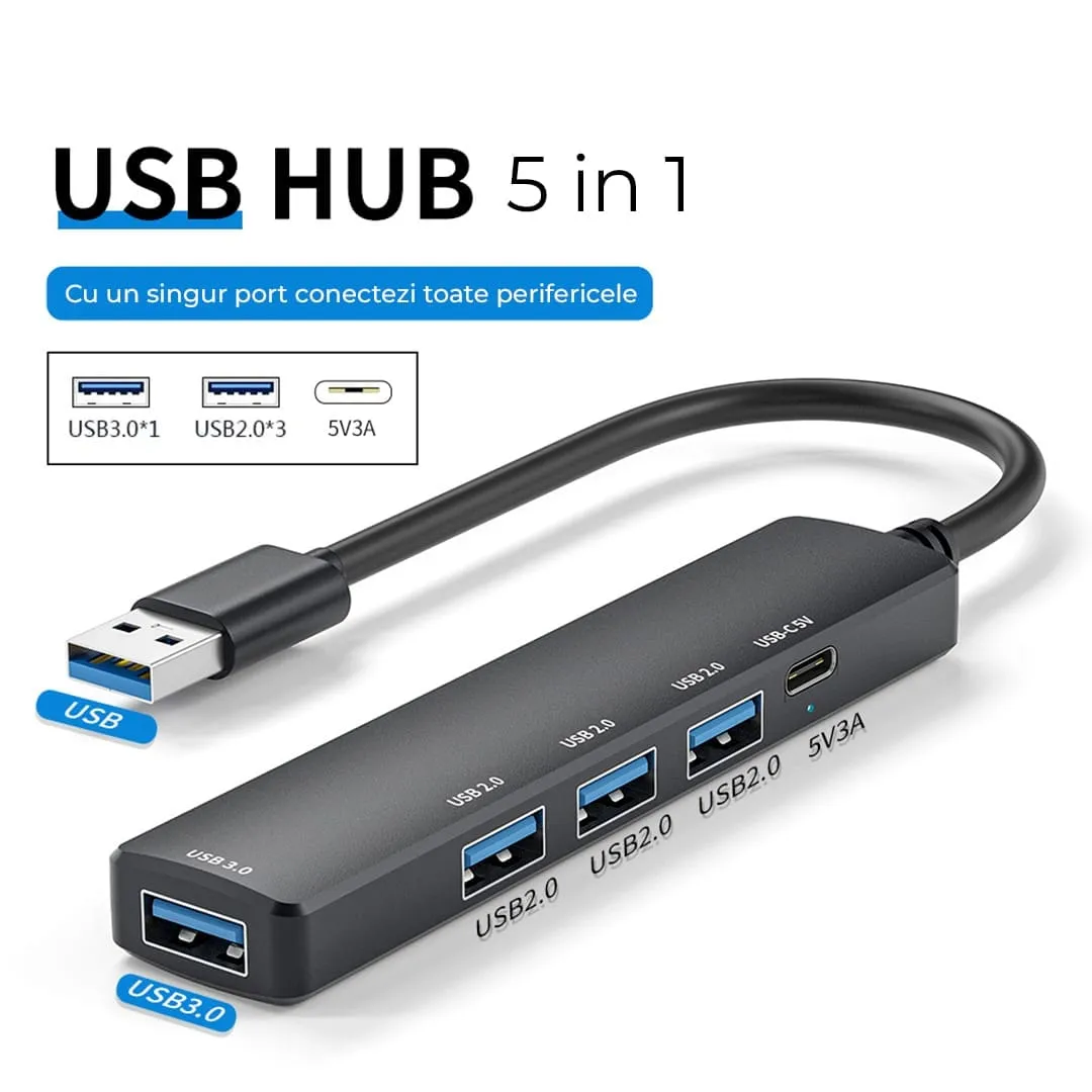 Timebox hub USB 5in1 Type-C USB3 aluminiu negru
