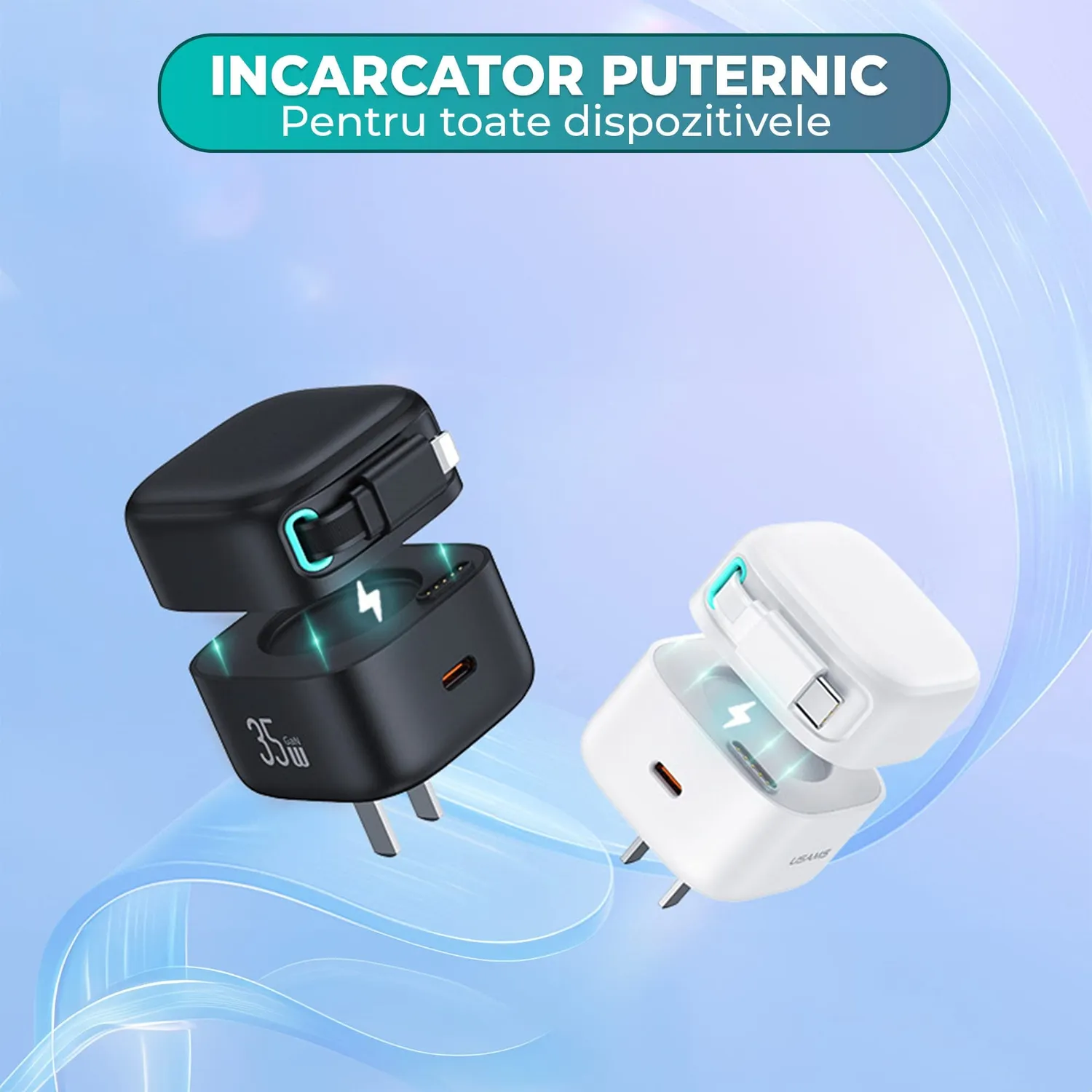 Timebox Incarcator Retea 35W 2x USB-C Cablu retractabil Alb