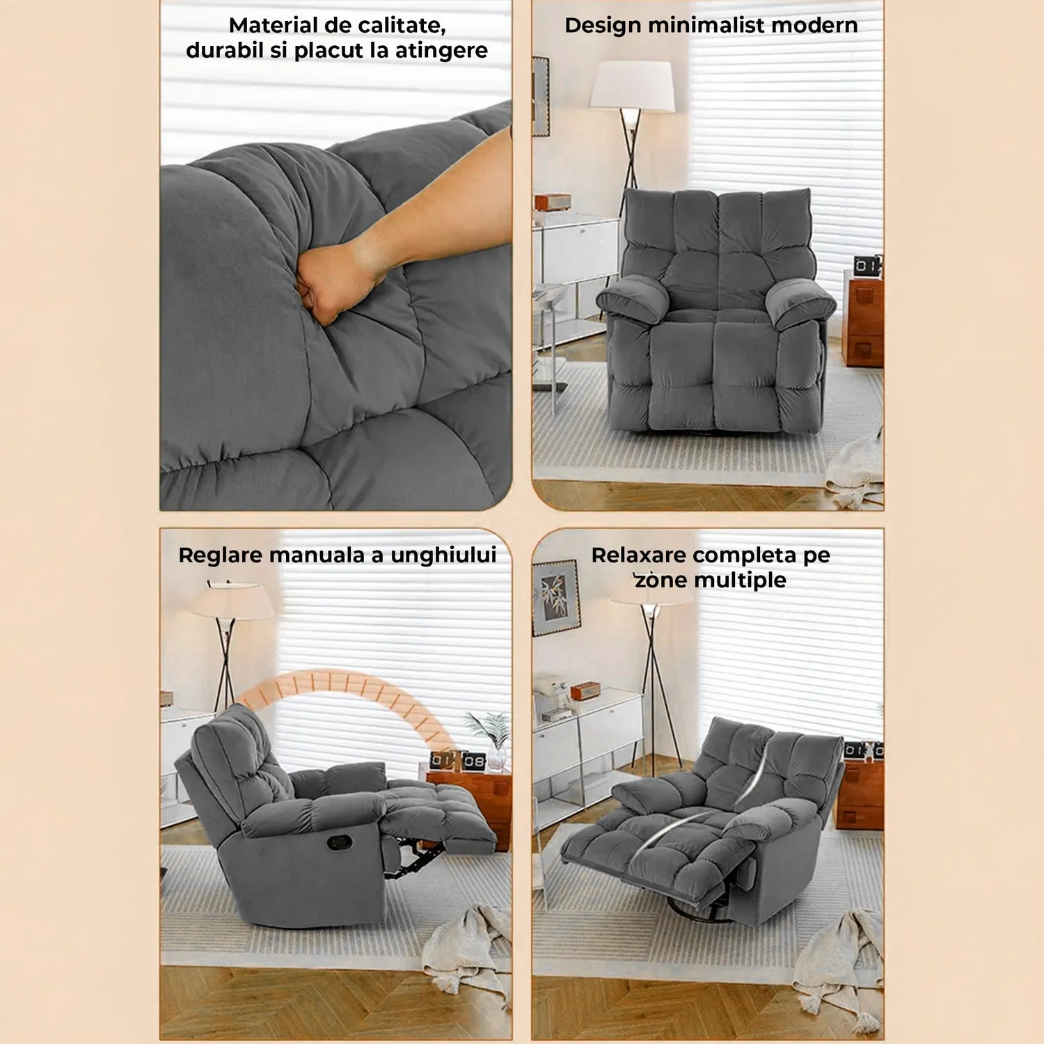 Timebox Recliner Modern fotoliu gri reclinabil