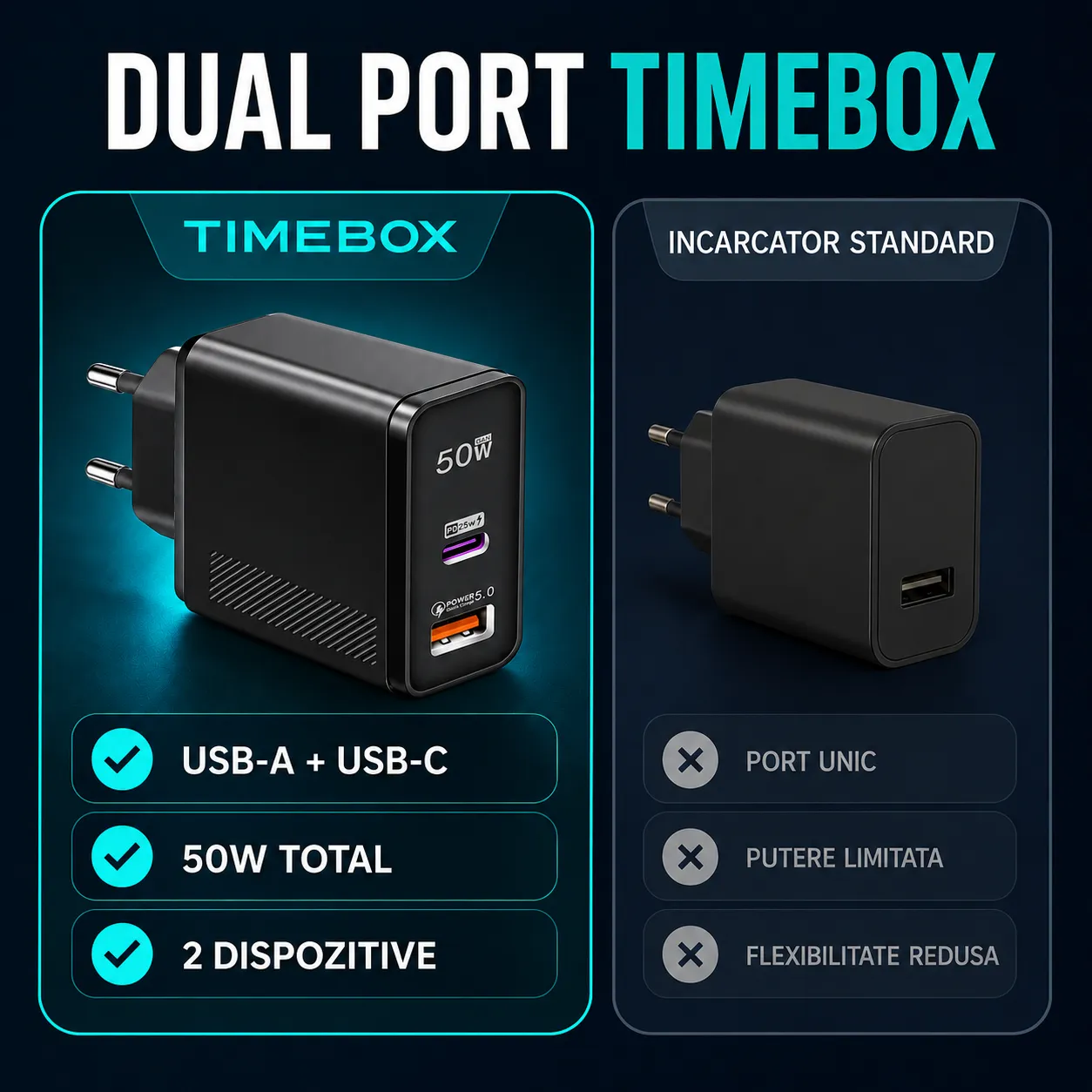 Timebox Incarcator Retea 2 Porturi 50W Negru