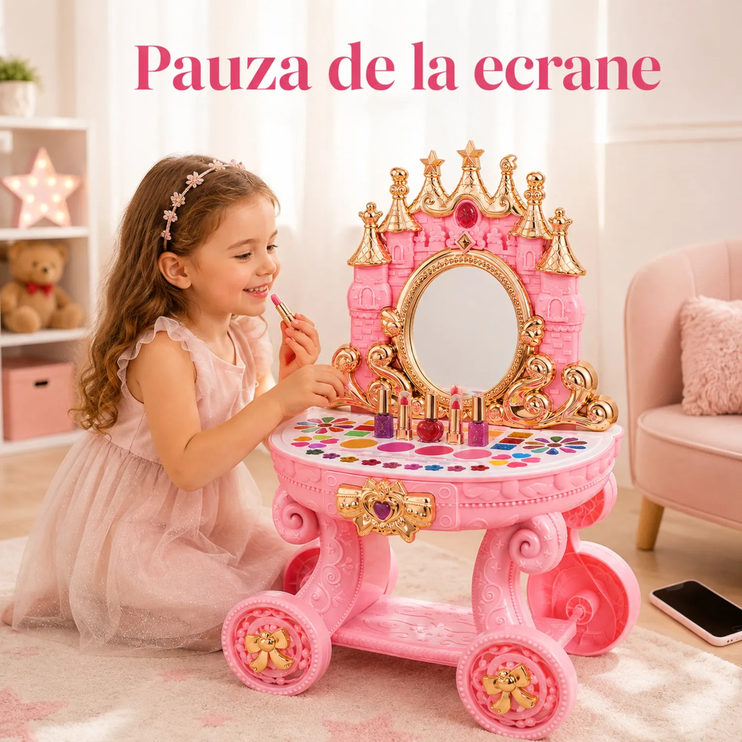 Timebox Castel Muzical XXL masuță machiaj roz cu cosmetice