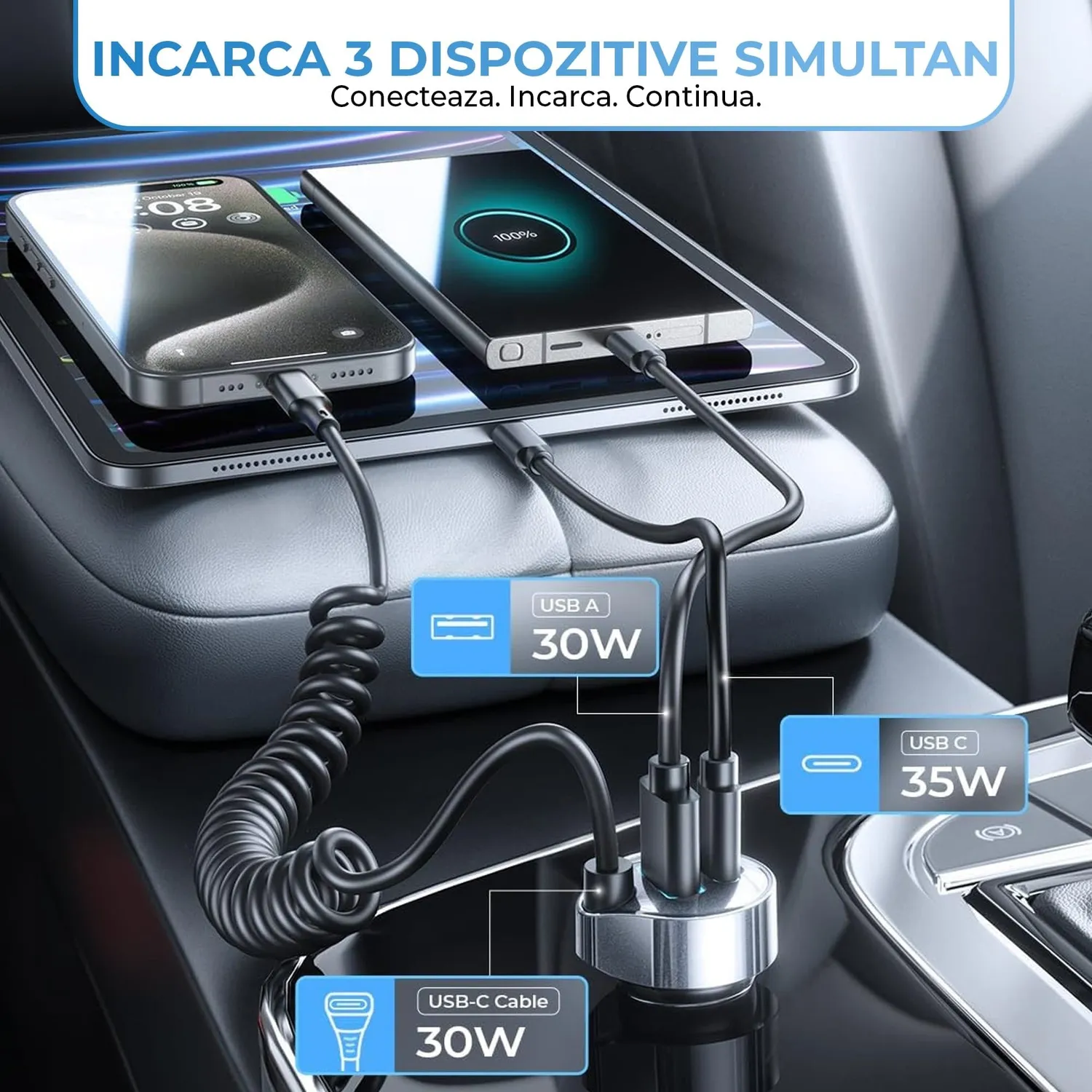 Timebox încărcător auto 65W negru USB QC3 Type-C